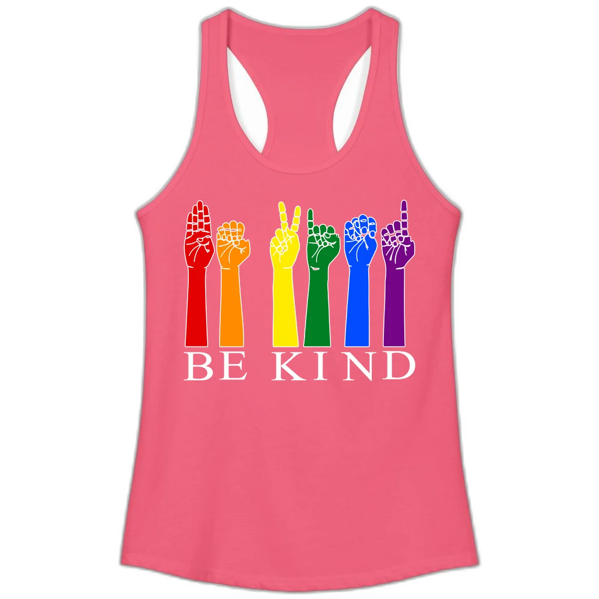 Six rainbow-colored raised hands in red, orange, yellow, green, blue, and purple with white line details and 'BE KIND' text below in Hot Pink