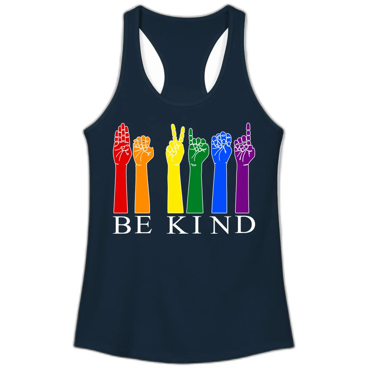 Six rainbow-colored raised hands in red, orange, yellow, green, blue, and purple with white line details and 'BE KIND' text below in Solid Midnight Navy