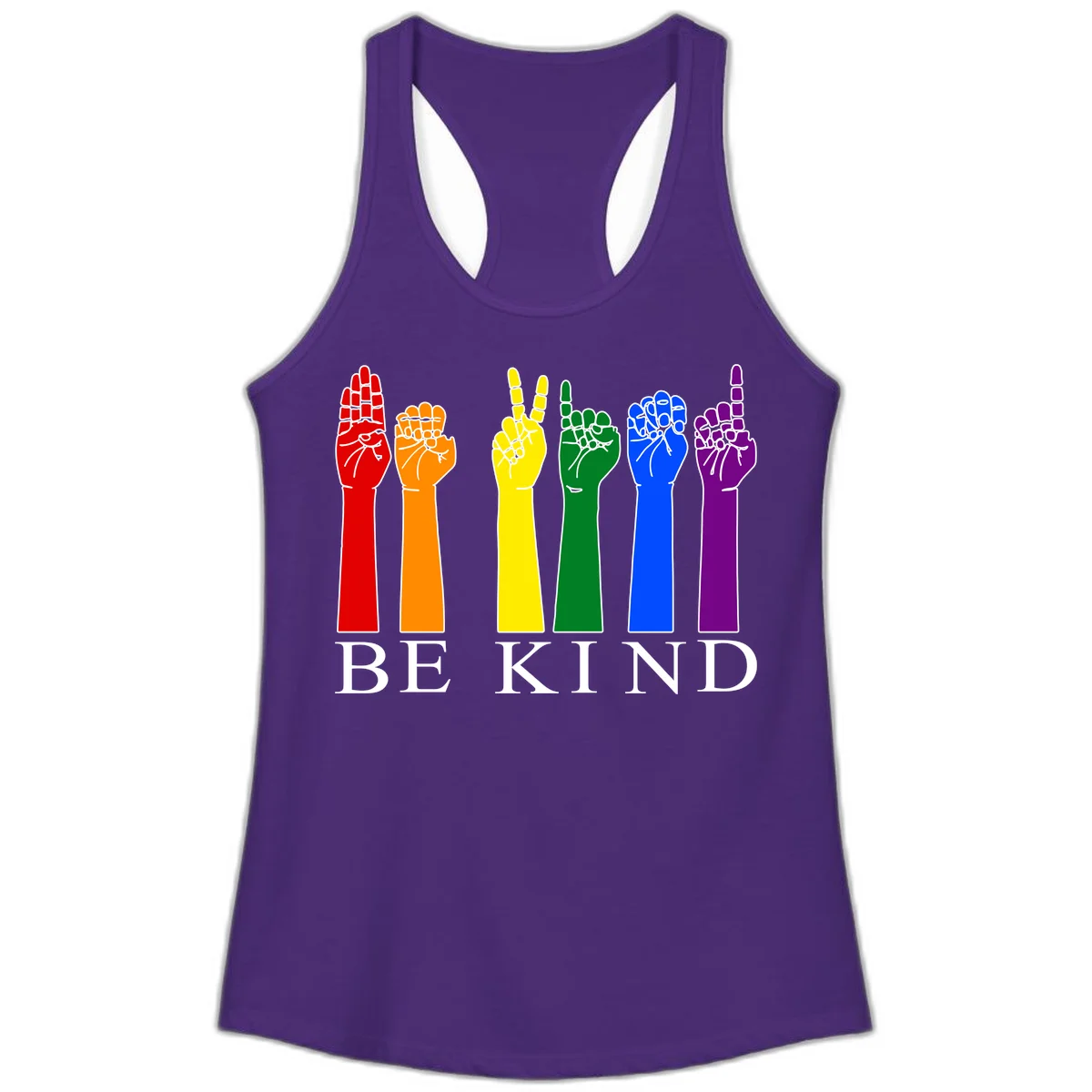 Six rainbow-colored raised hands in red, orange, yellow, green, blue, and purple with white line details and 'BE KIND' text below in Solid Purple Rush