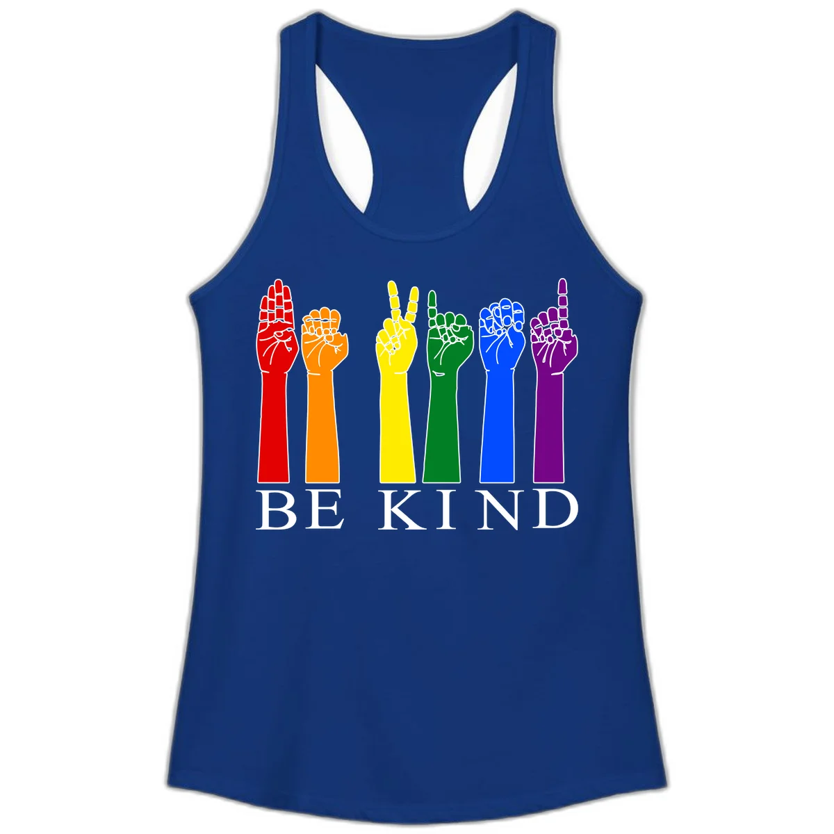 Six rainbow-colored raised hands in red, orange, yellow, green, blue, and purple with white line details and 'BE KIND' text below in Solid Royal