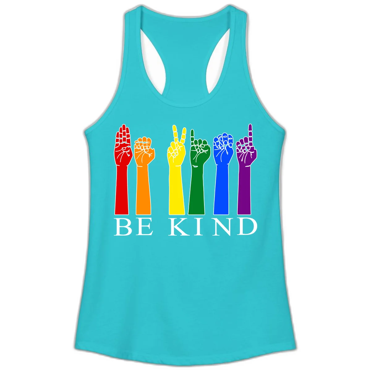 Six rainbow-colored raised hands in red, orange, yellow, green, blue, and purple with white line details and 'BE KIND' text below in Solid Tahiti Blue