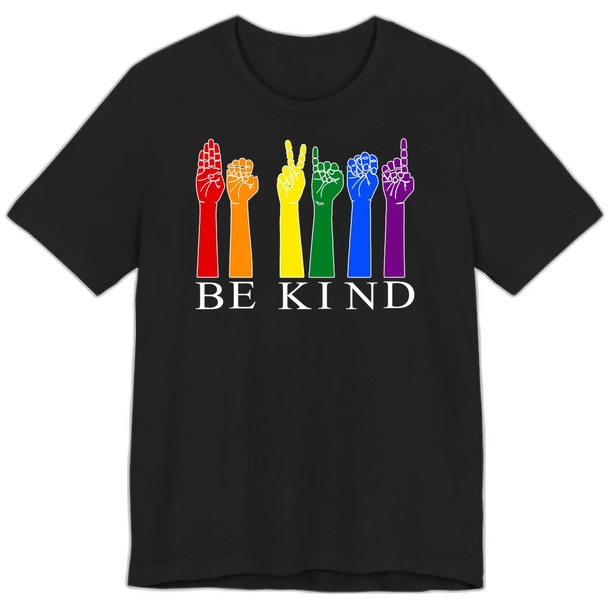 Six rainbow-colored raised hands in red, orange, yellow, green, blue, and purple with white line details and 'BE KIND' text below in Black