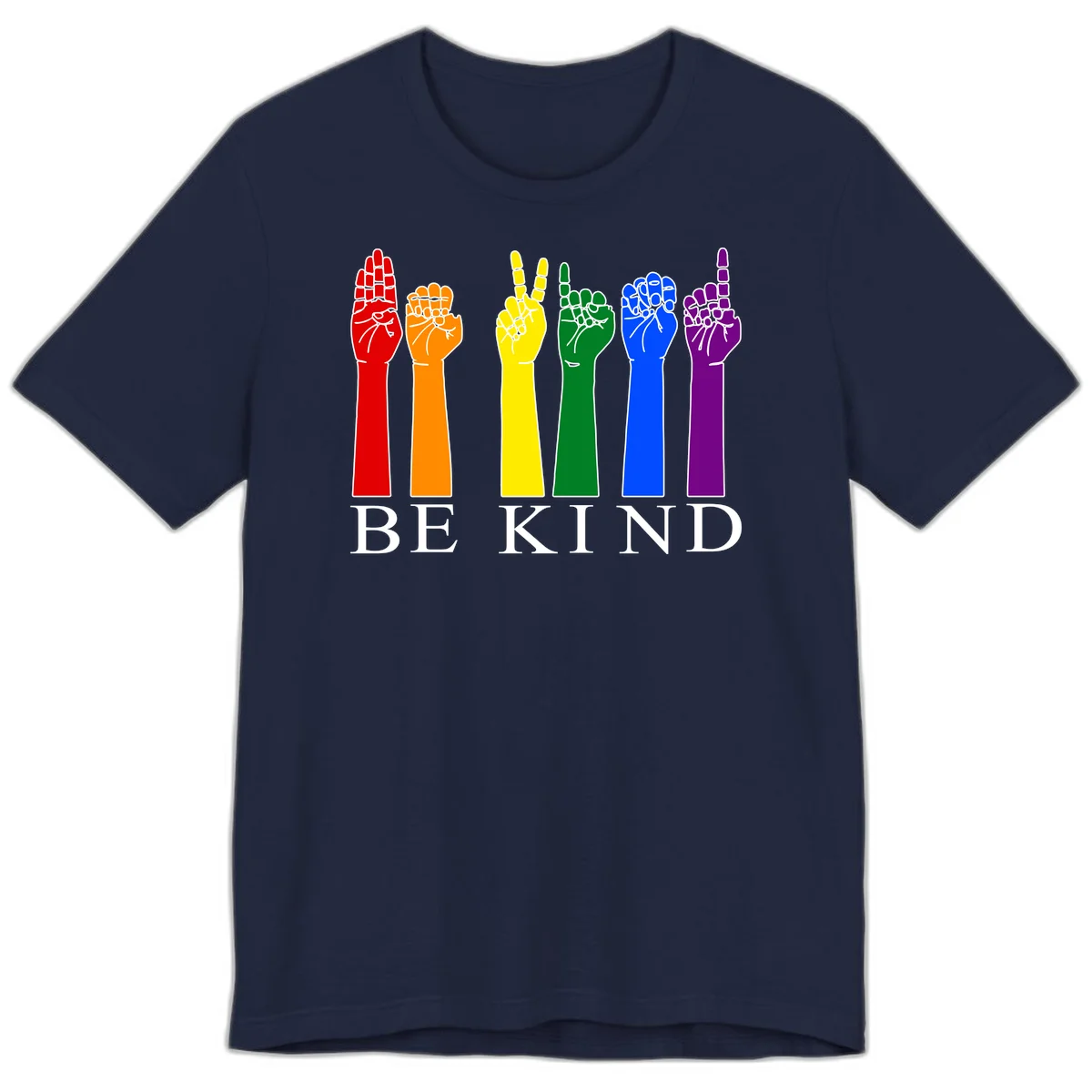 Six rainbow-colored raised hands in red, orange, yellow, green, blue, and purple with white line details and 'BE KIND' text below in Navy