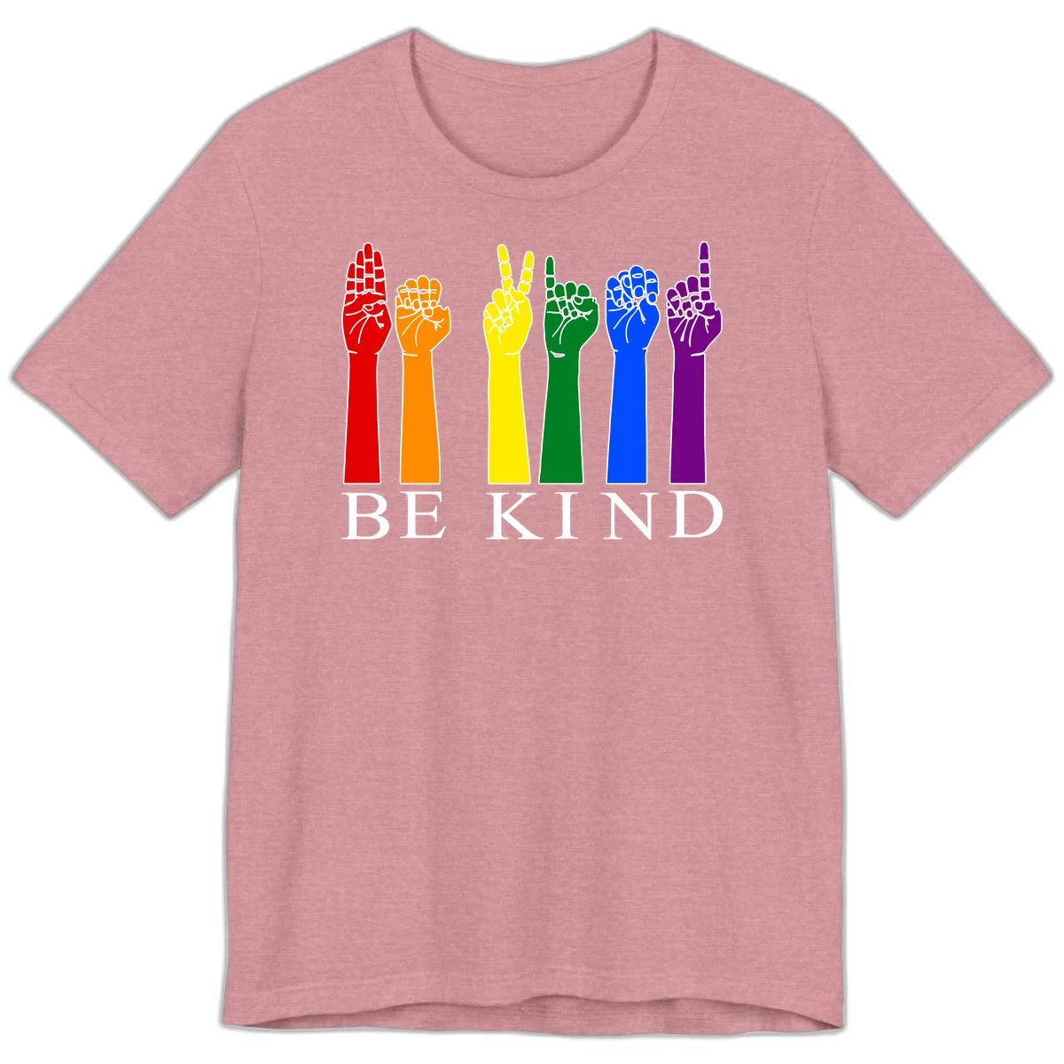 Six rainbow-colored raised hands in red, orange, yellow, green, blue, and purple with white line details and 'BE KIND' text below in Heather Orchid