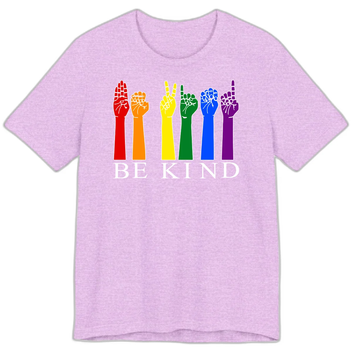 Six rainbow-colored raised hands in red, orange, yellow, green, blue, and purple with white line details and 'BE KIND' text below in Heather Prism Lilac