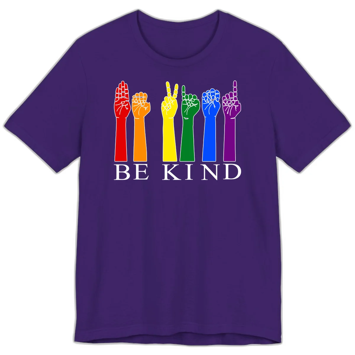 Six rainbow-colored raised hands in red, orange, yellow, green, blue, and purple with white line details and 'BE KIND' text below in Team Purple