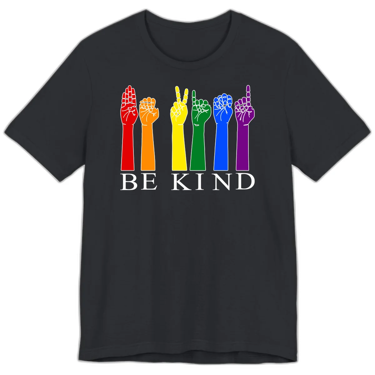 Six rainbow-colored raised hands in red, orange, yellow, green, blue, and purple with white line details and 'BE KIND' text below in Vintage Black