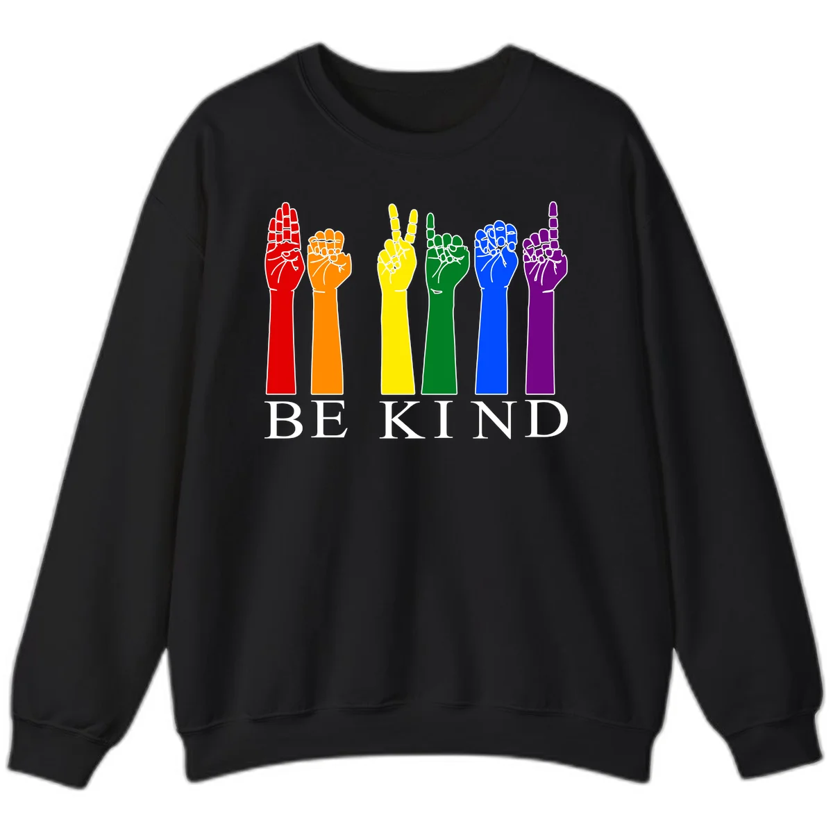 Six rainbow-colored raised hands in red, orange, yellow, green, blue, and purple with white line details and 'BE KIND' text below in Black