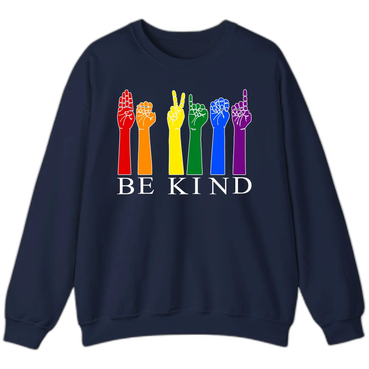 Six rainbow-colored raised hands in red, orange, yellow, green, blue, and purple with white line details and 'BE KIND' text below in Navy