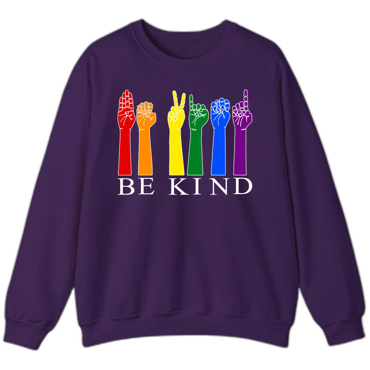 Six rainbow-colored raised hands in red, orange, yellow, green, blue, and purple with white line details and 'BE KIND' text below in Purple