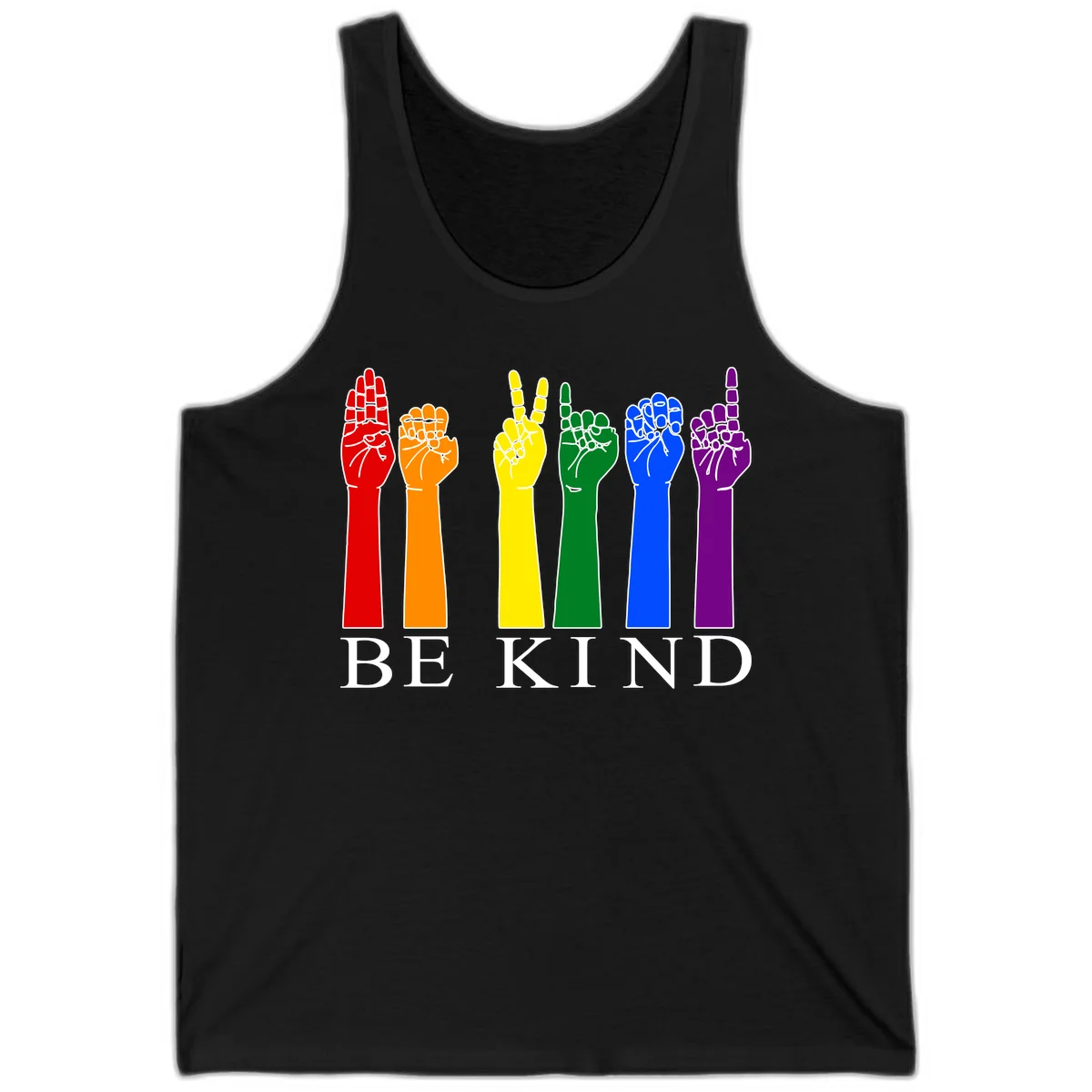 Six rainbow-colored raised hands in red, orange, yellow, green, blue, and purple with white line details and 'BE KIND' text below in Black