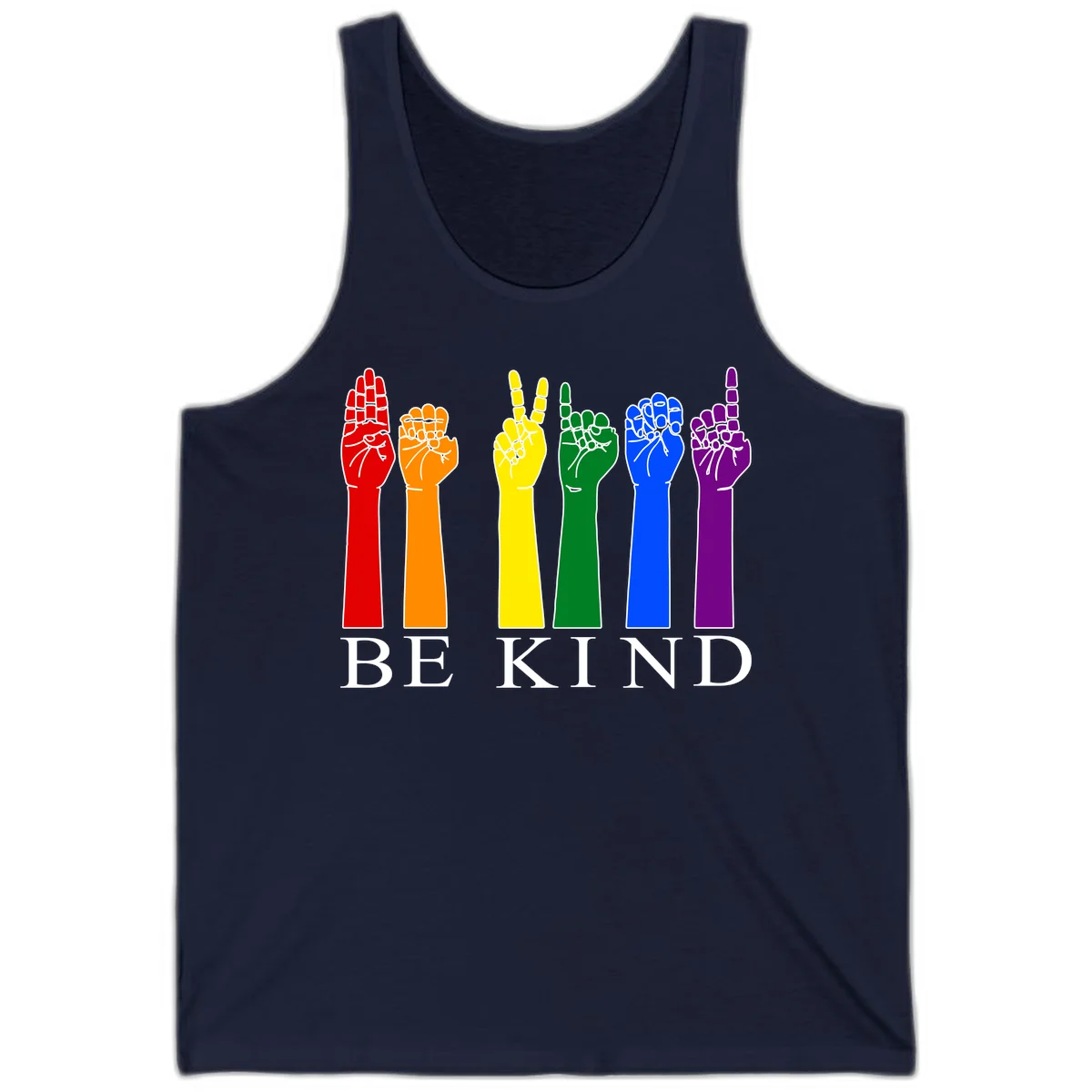 Six rainbow-colored raised hands in red, orange, yellow, green, blue, and purple with white line details and 'BE KIND' text below in Navy