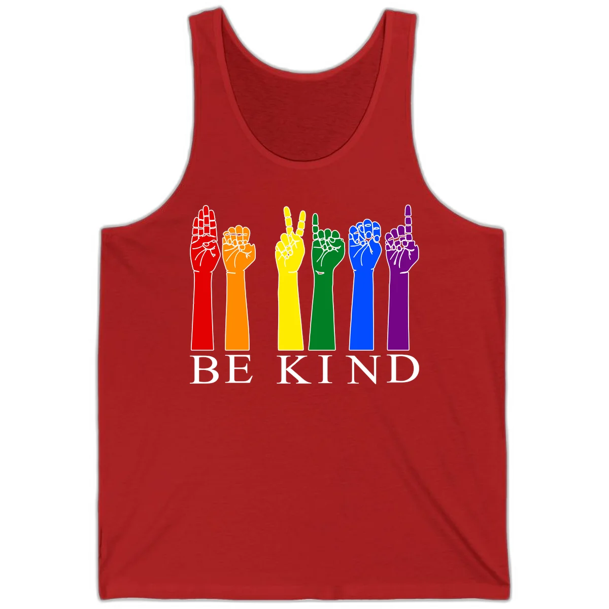 Six rainbow-colored raised hands in red, orange, yellow, green, blue, and purple with white line details and 'BE KIND' text below in Red