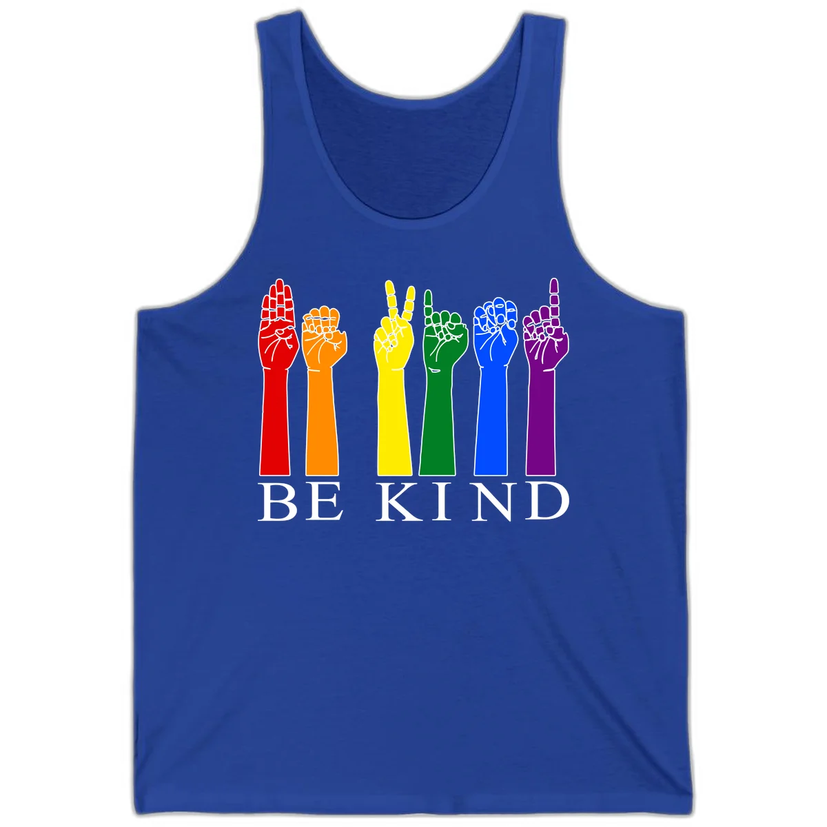 Six rainbow-colored raised hands in red, orange, yellow, green, blue, and purple with white line details and 'BE KIND' text below in True Royal