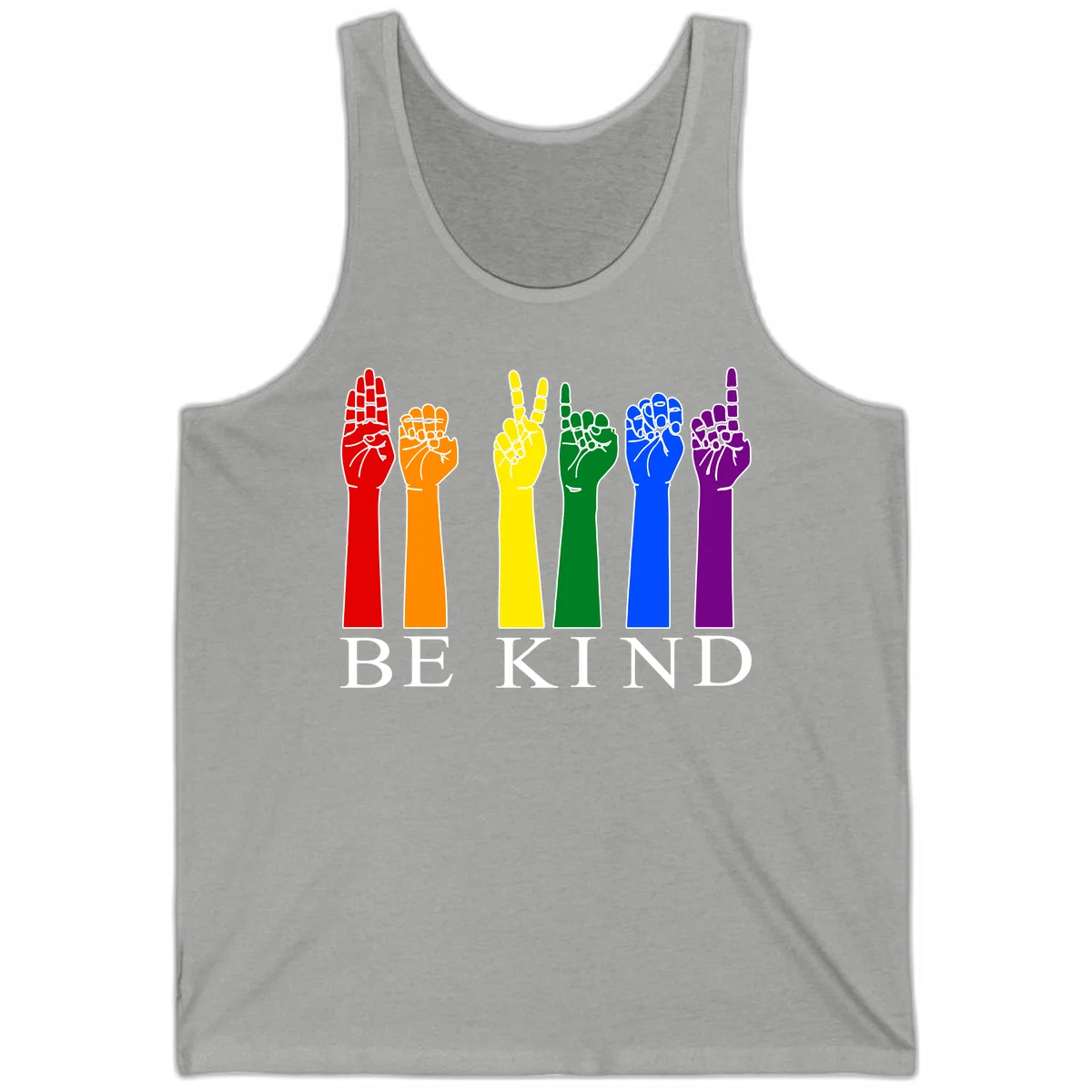 Six rainbow-colored raised hands in red, orange, yellow, green, blue, and purple with white line details and 'BE KIND' text below in Athletic Heather
