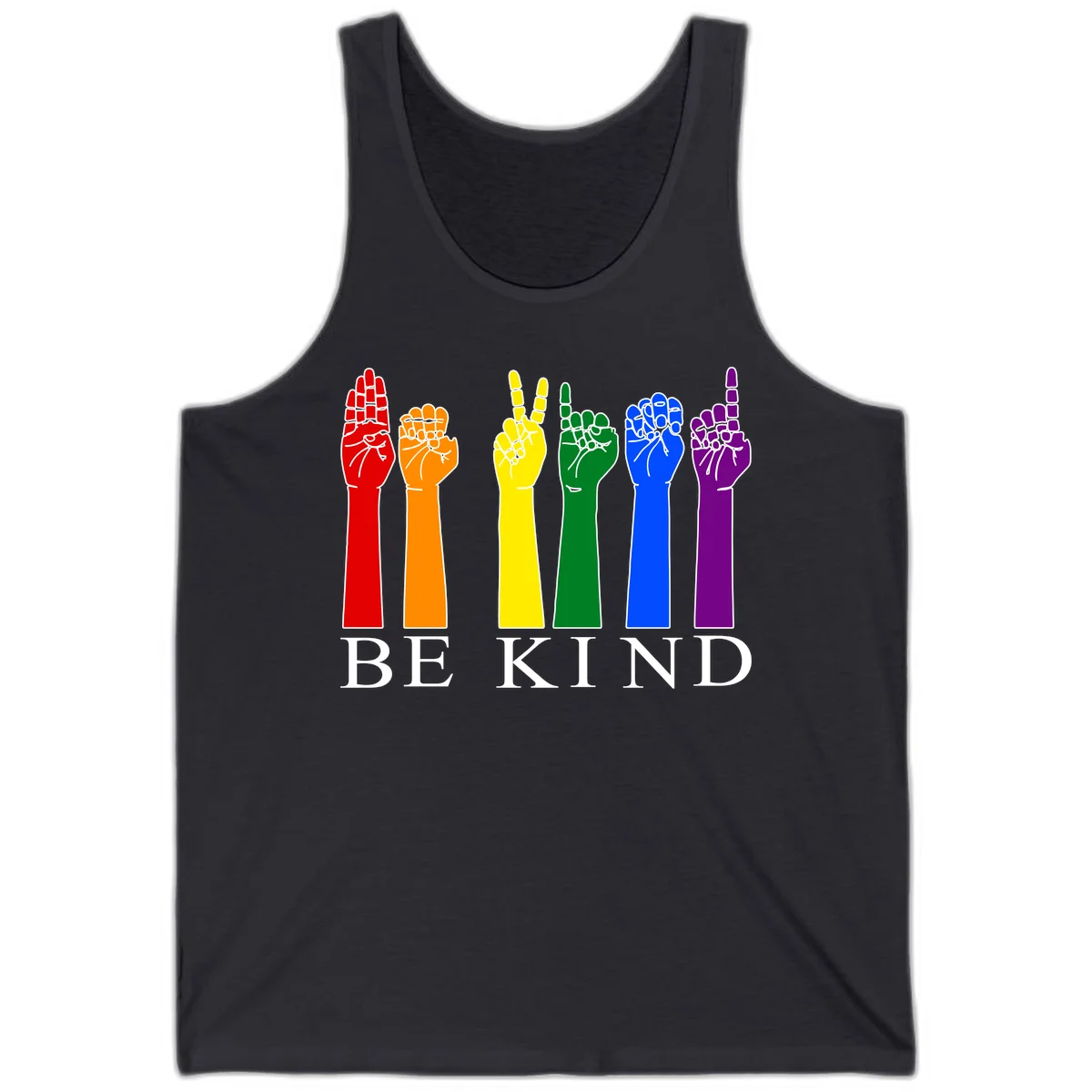 Six rainbow-colored raised hands in red, orange, yellow, green, blue, and purple with white line details and 'BE KIND' text below in Dark Grey