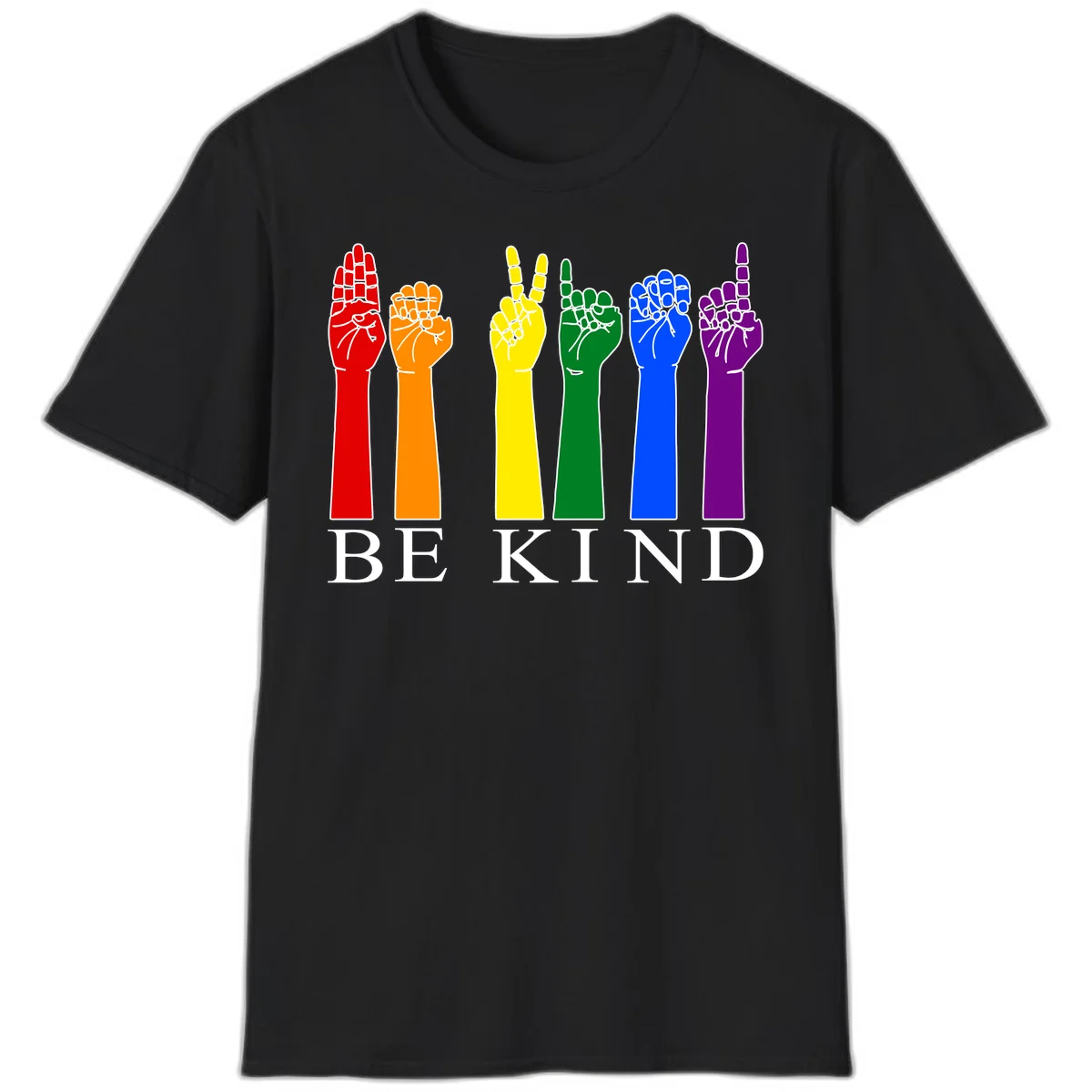 Six rainbow-colored raised hands in red, orange, yellow, green, blue, and purple with white line details and 'BE KIND' text below in Black