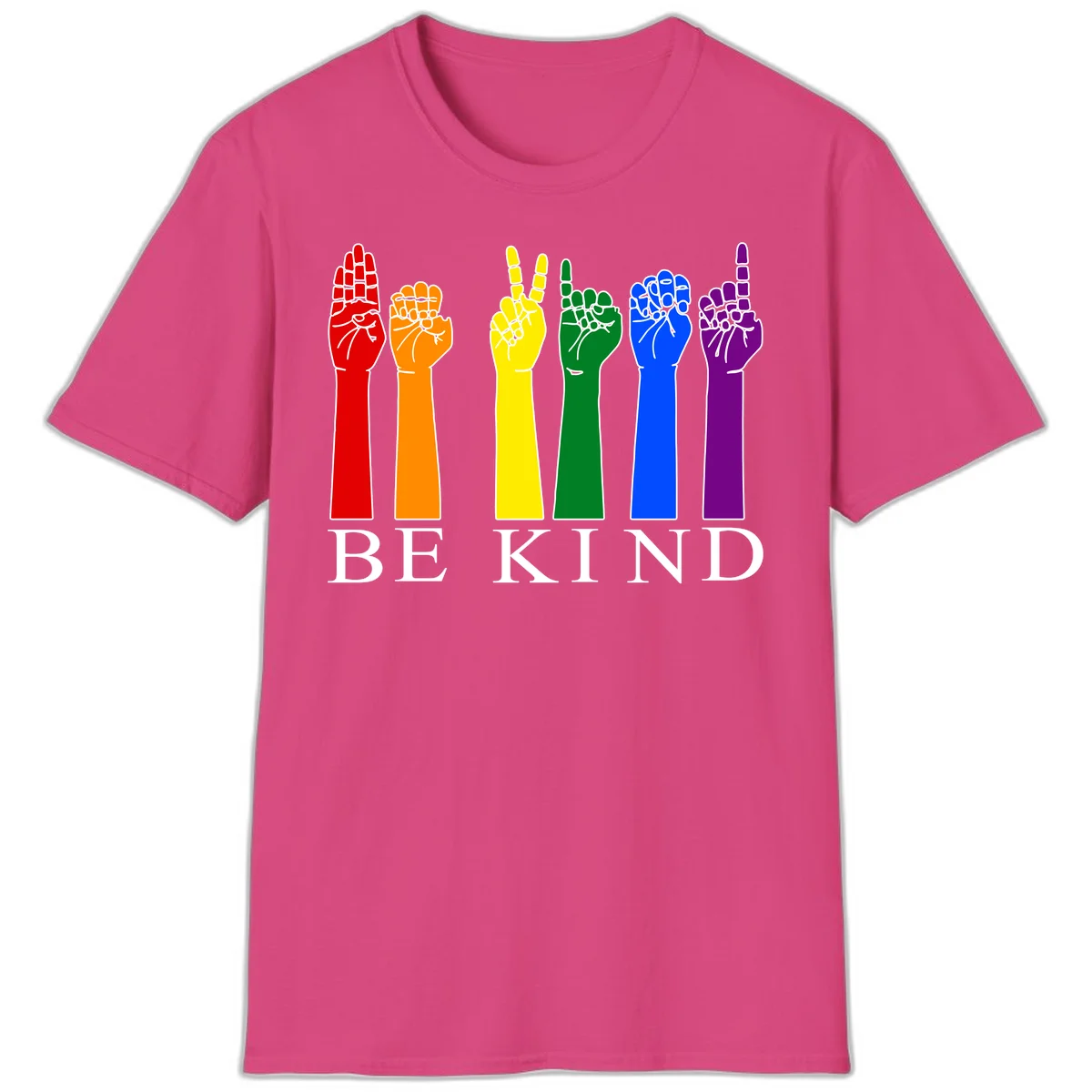 Six rainbow-colored raised hands in red, orange, yellow, green, blue, and purple with white line details and 'BE KIND' text below in Heliconia