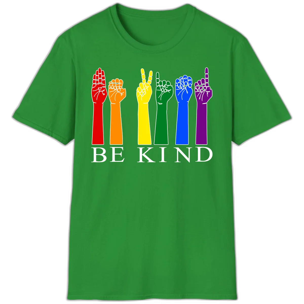 Six rainbow-colored raised hands in red, orange, yellow, green, blue, and purple with white line details and 'BE KIND' text below in Irish Green
