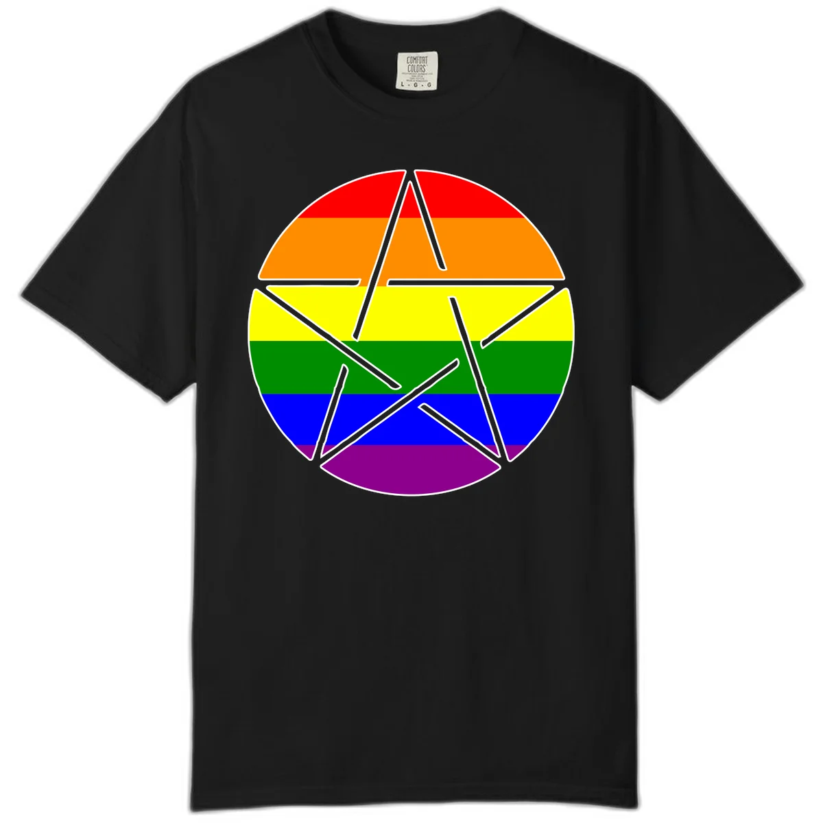 Five-pointed star with gray outline centered in circle with horizontal rainbow pride flag stripes in red, orange, yellow, green, blue, and purple. in Black