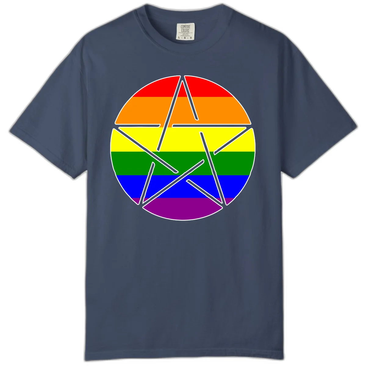 Five-pointed star with gray outline centered in circle with horizontal rainbow pride flag stripes in red, orange, yellow, green, blue, and purple. in Midnight