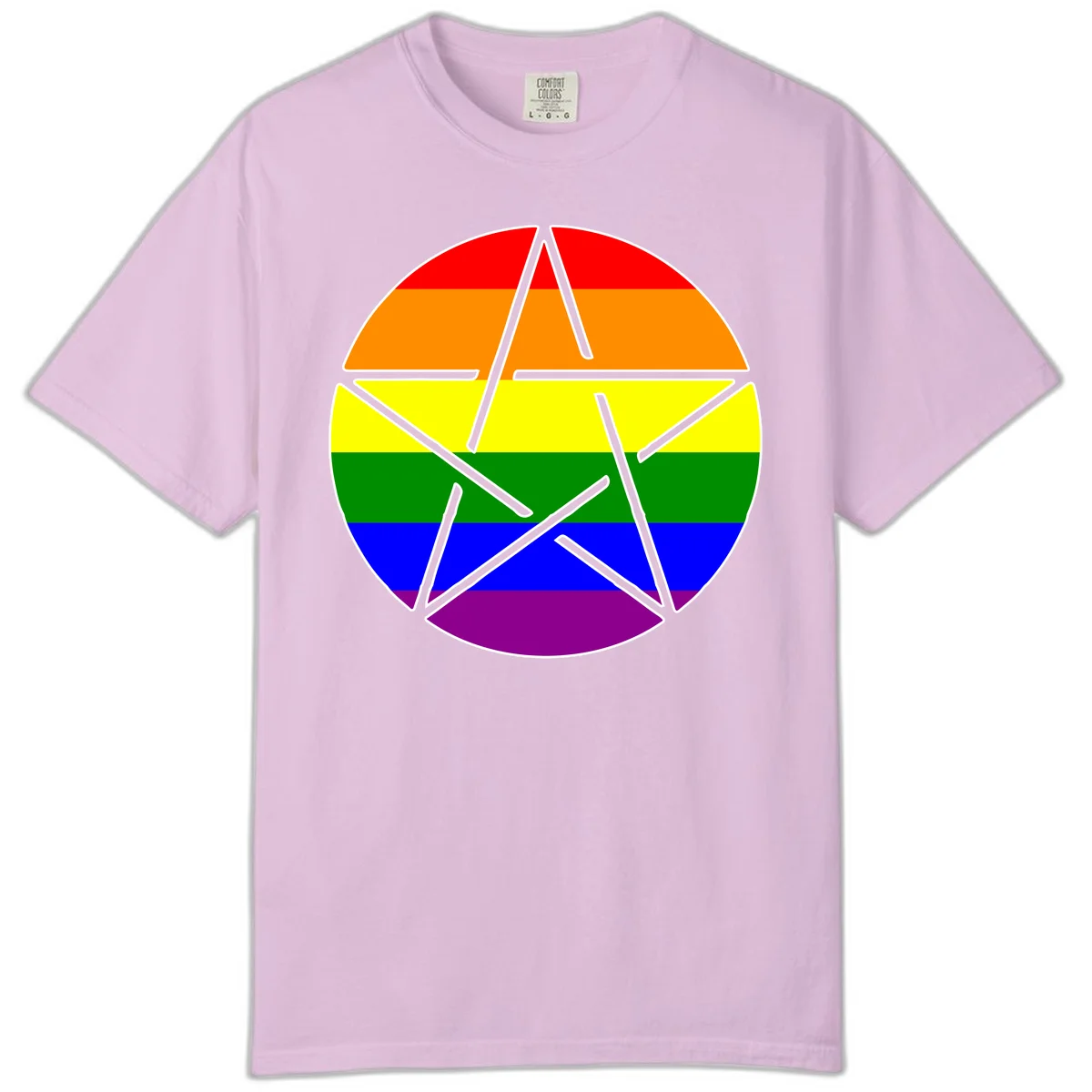Five-pointed star with gray outline centered in circle with horizontal rainbow pride flag stripes in red, orange, yellow, green, blue, and purple. in Orchid