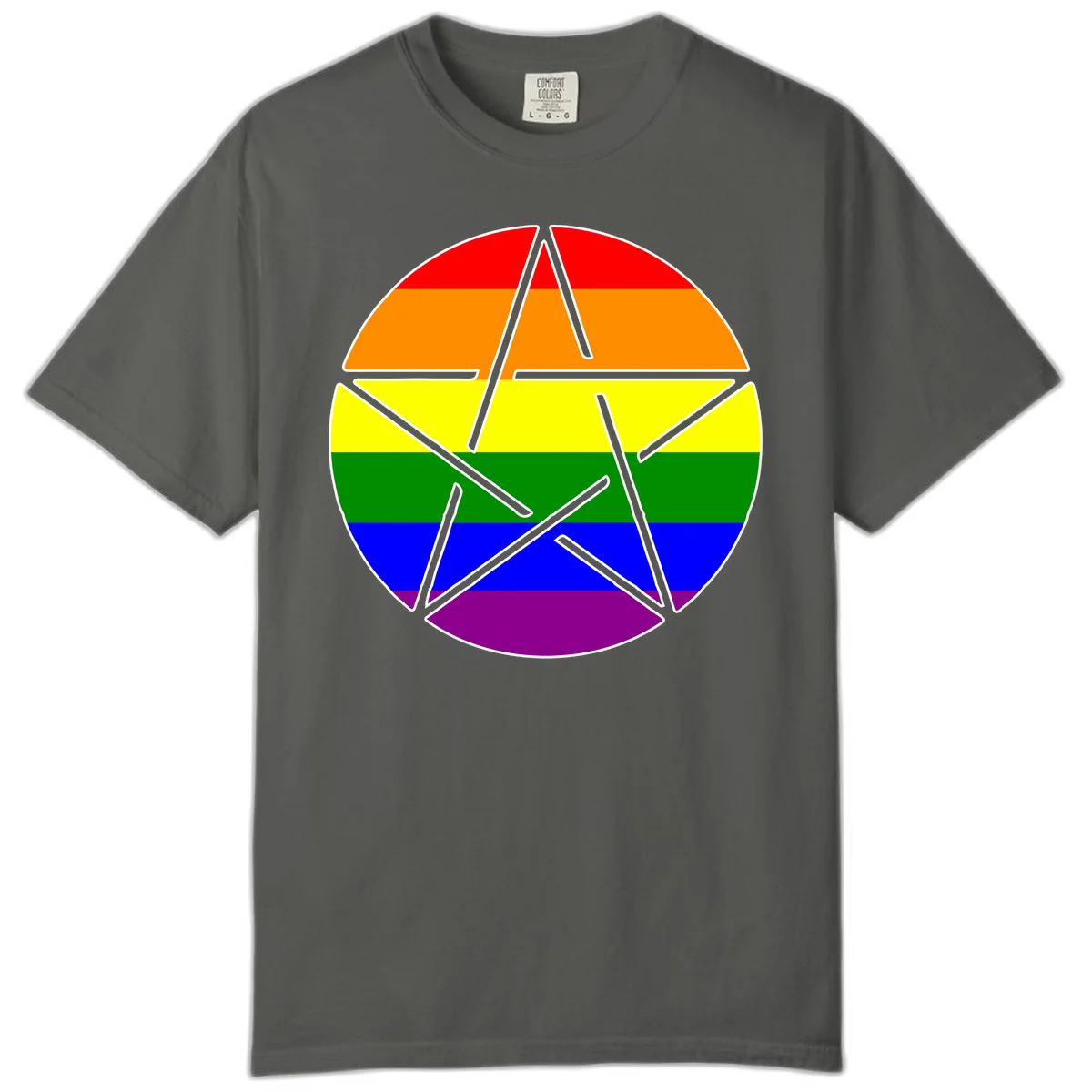 Five-pointed star with gray outline centered in circle with horizontal rainbow pride flag stripes in red, orange, yellow, green, blue, and purple. in Pepper