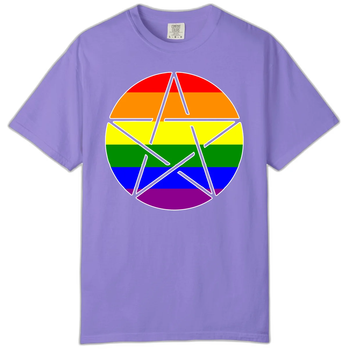 Five-pointed star with gray outline centered in circle with horizontal rainbow pride flag stripes in red, orange, yellow, green, blue, and purple. in Violet