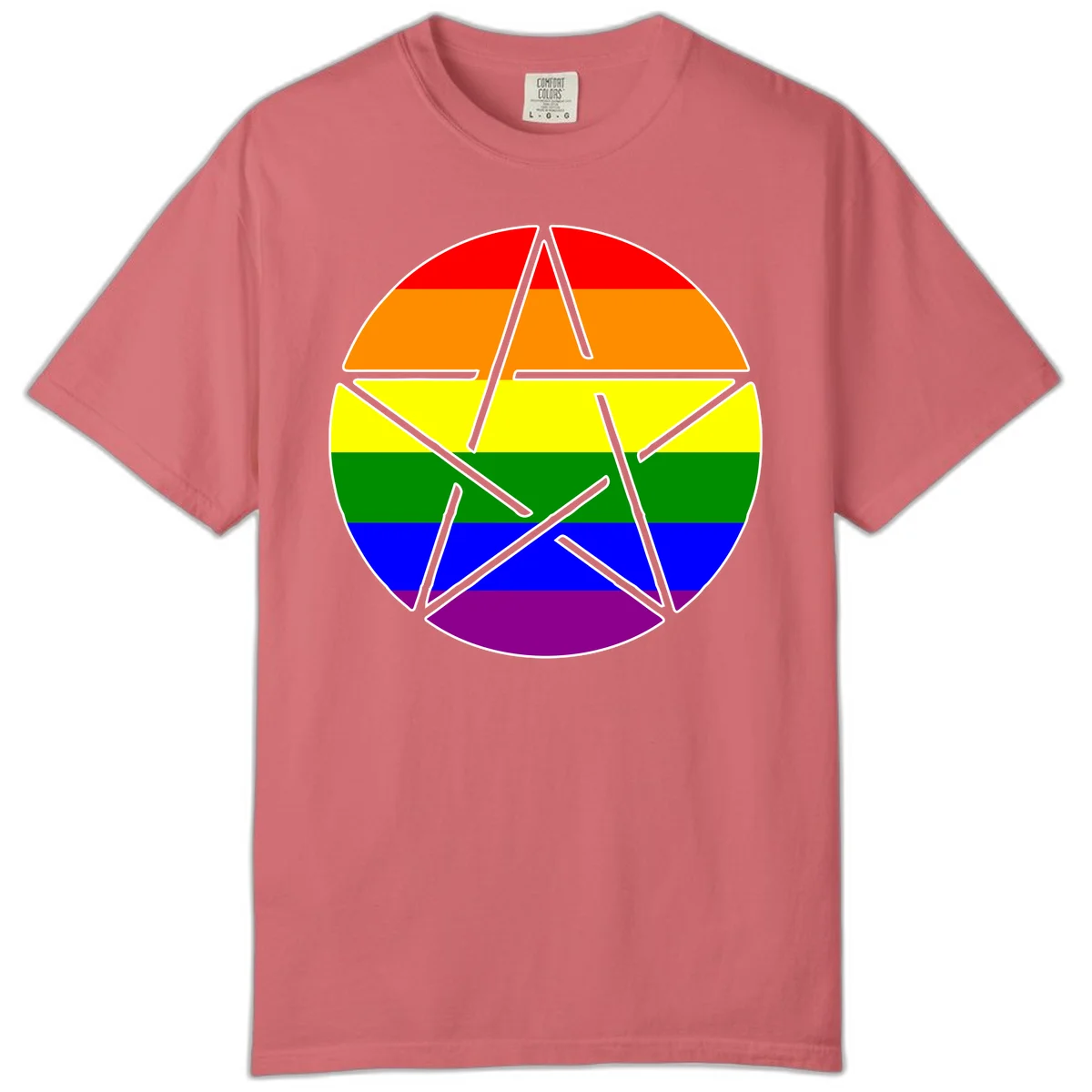 Five-pointed star with gray outline centered in circle with horizontal rainbow pride flag stripes in red, orange, yellow, green, blue, and purple. in Watermelon