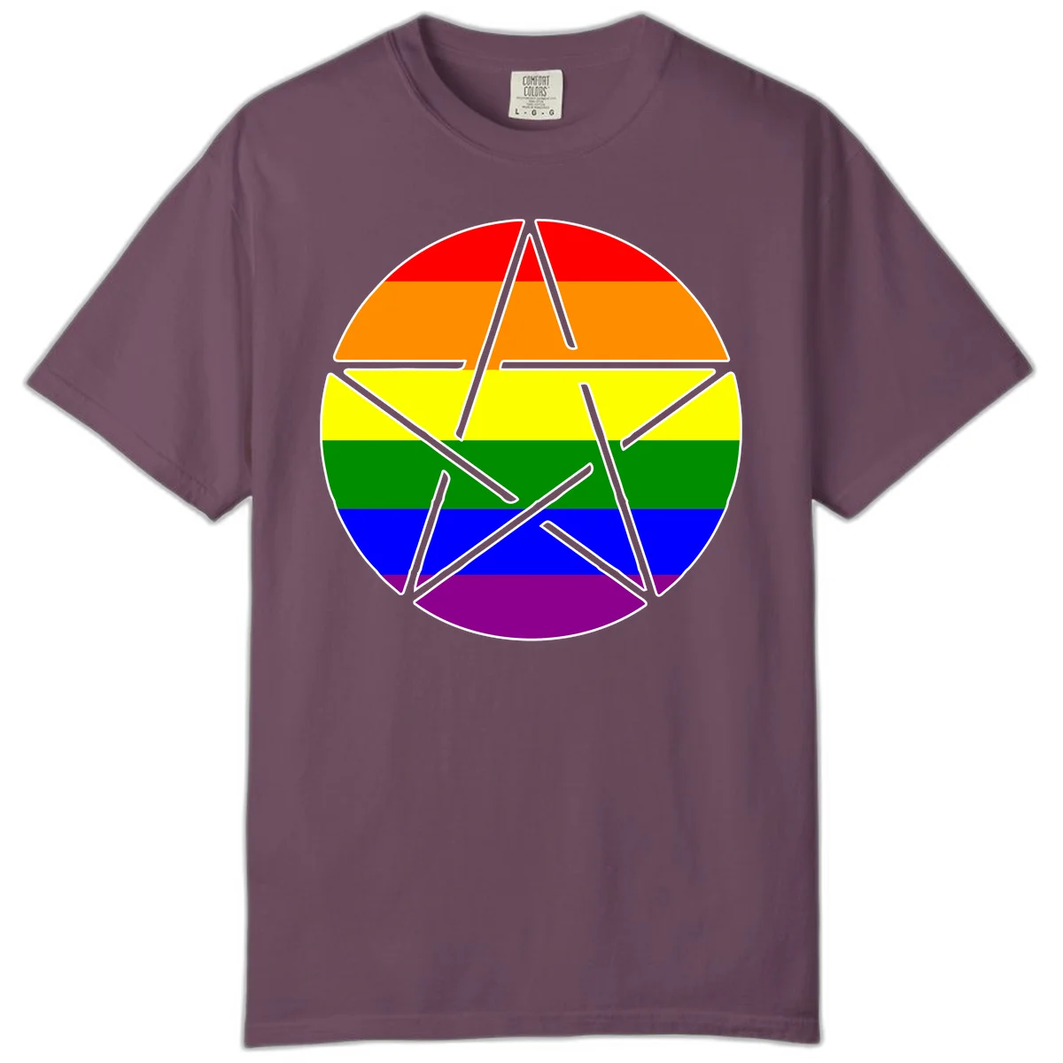 Five-pointed star with gray outline centered in circle with horizontal rainbow pride flag stripes in red, orange, yellow, green, blue, and purple. in Berry
