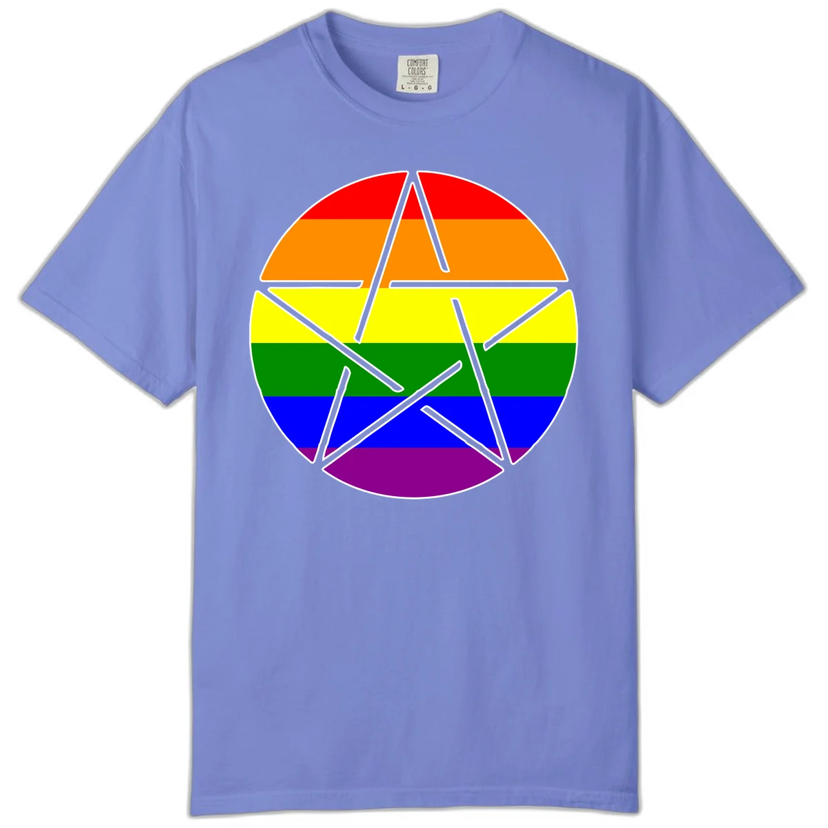 Five-pointed star with gray outline centered in circle with horizontal rainbow pride flag stripes in red, orange, yellow, green, blue, and purple. in Flo Blue