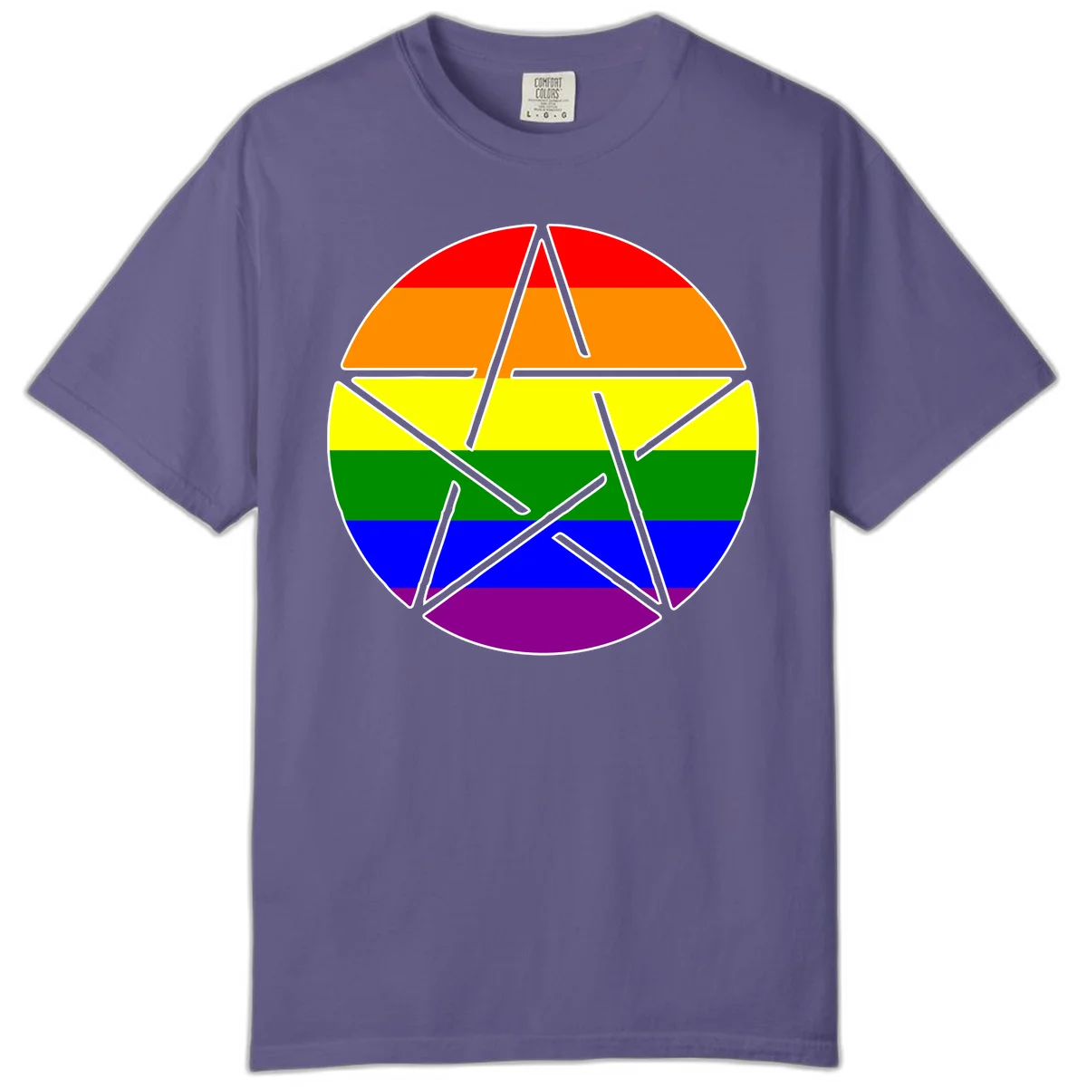 Five-pointed star with gray outline centered in circle with horizontal rainbow pride flag stripes in red, orange, yellow, green, blue, and purple. in Grape