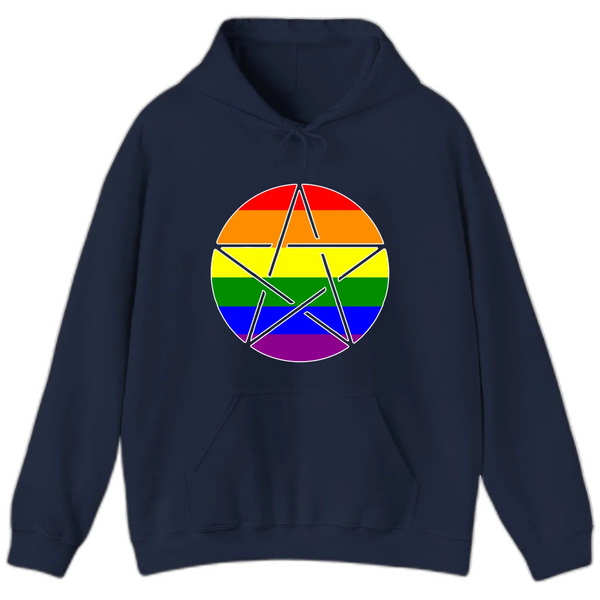 Five-pointed star with gray outline centered in circle with horizontal rainbow pride flag stripes in red, orange, yellow, green, blue, and purple. in Navy