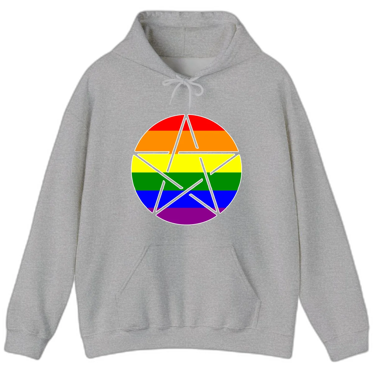 Five-pointed star with gray outline centered in circle with horizontal rainbow pride flag stripes in red, orange, yellow, green, blue, and purple. in Sport Grey