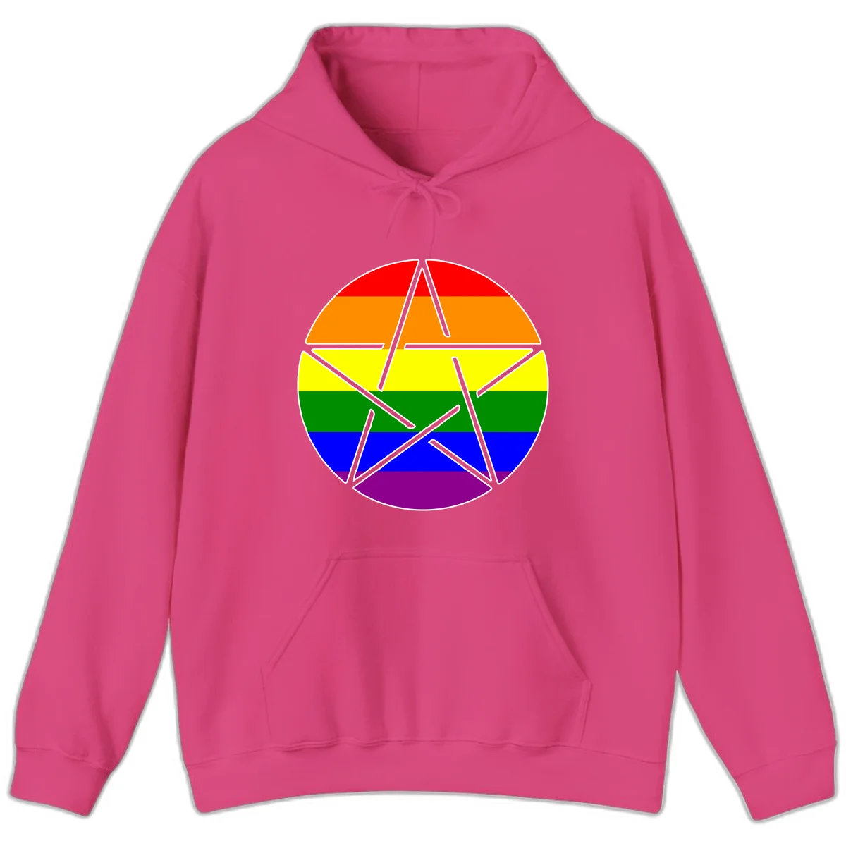 Five-pointed star with gray outline centered in circle with horizontal rainbow pride flag stripes in red, orange, yellow, green, blue, and purple. in Heliconia