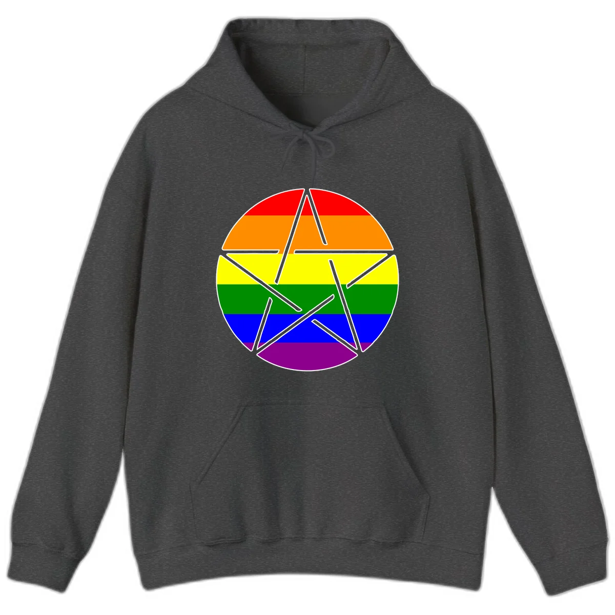 Five-pointed star with gray outline centered in circle with horizontal rainbow pride flag stripes in red, orange, yellow, green, blue, and purple. in Dark Heather