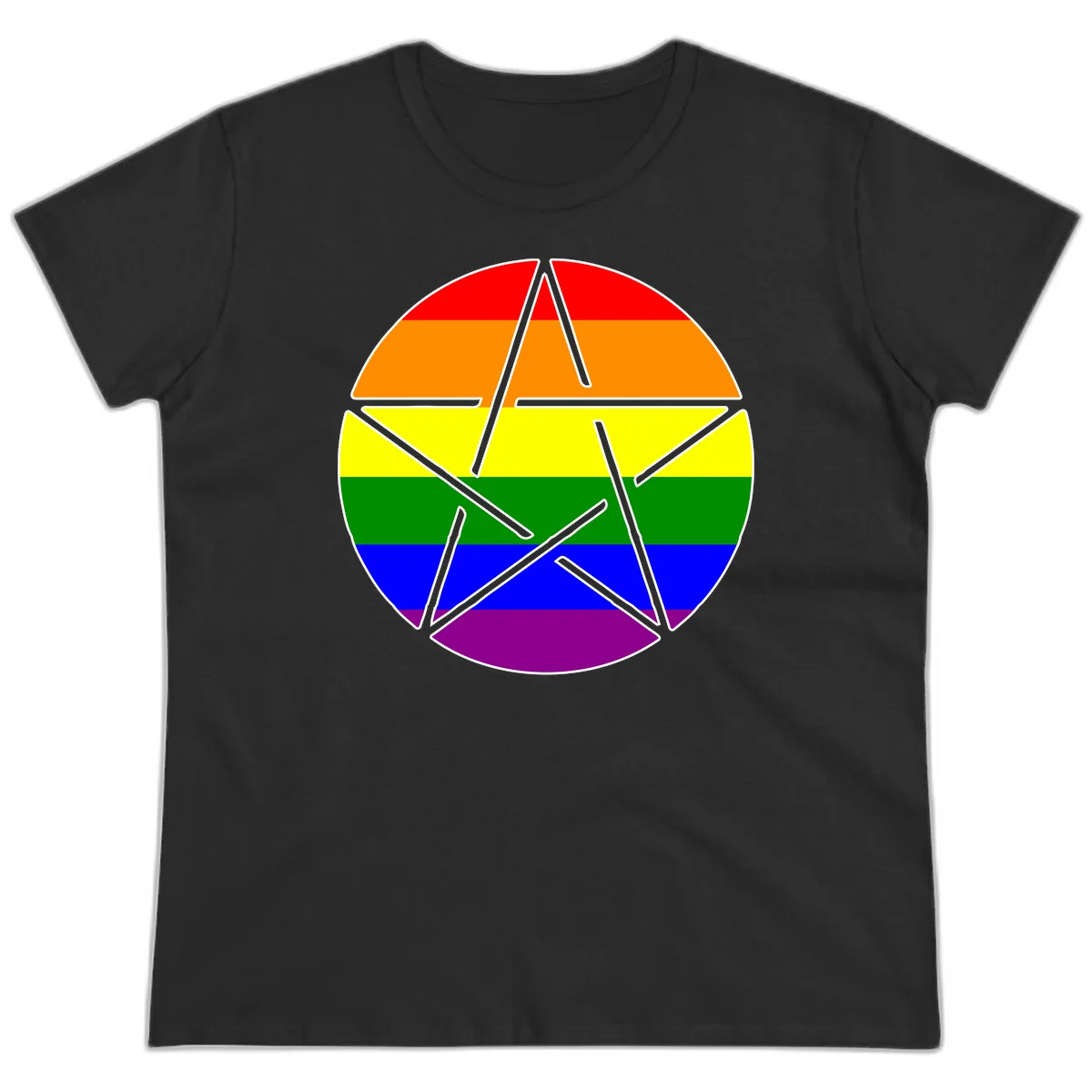 Five-pointed star with gray outline centered in circle with horizontal rainbow pride flag stripes in red, orange, yellow, green, blue, and purple. in Black