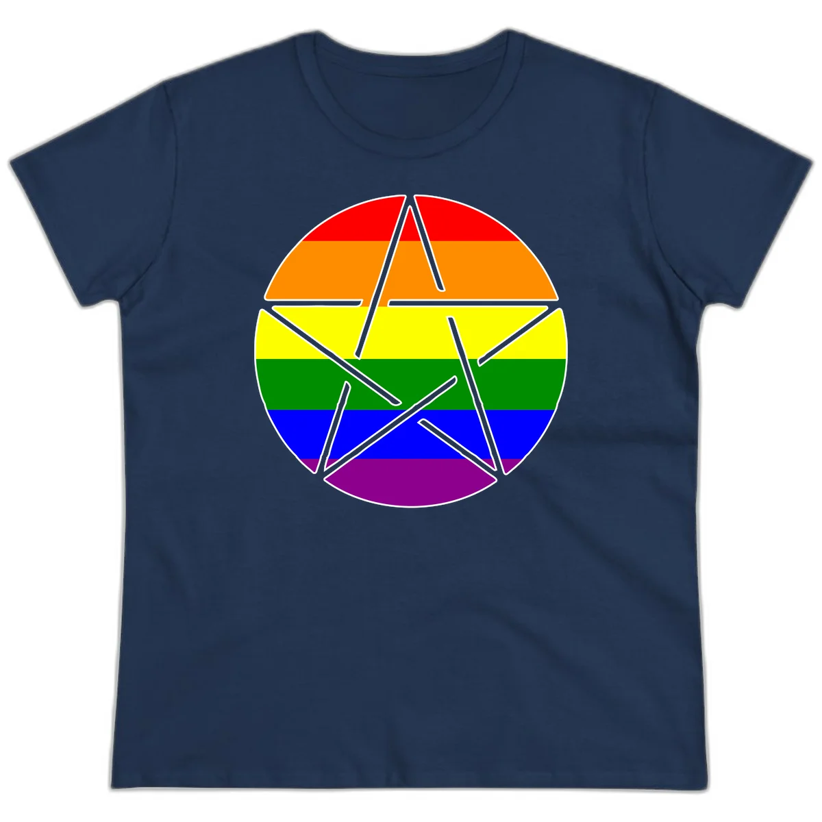 Five-pointed star with gray outline centered in circle with horizontal rainbow pride flag stripes in red, orange, yellow, green, blue, and purple. in Navy