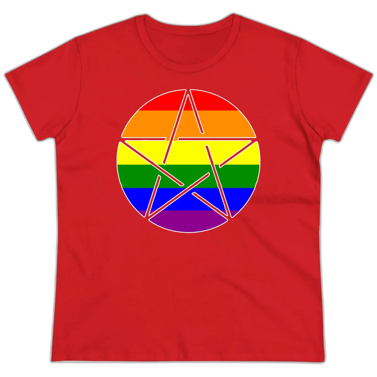 Five-pointed star with gray outline centered in circle with horizontal rainbow pride flag stripes in red, orange, yellow, green, blue, and purple. in Red