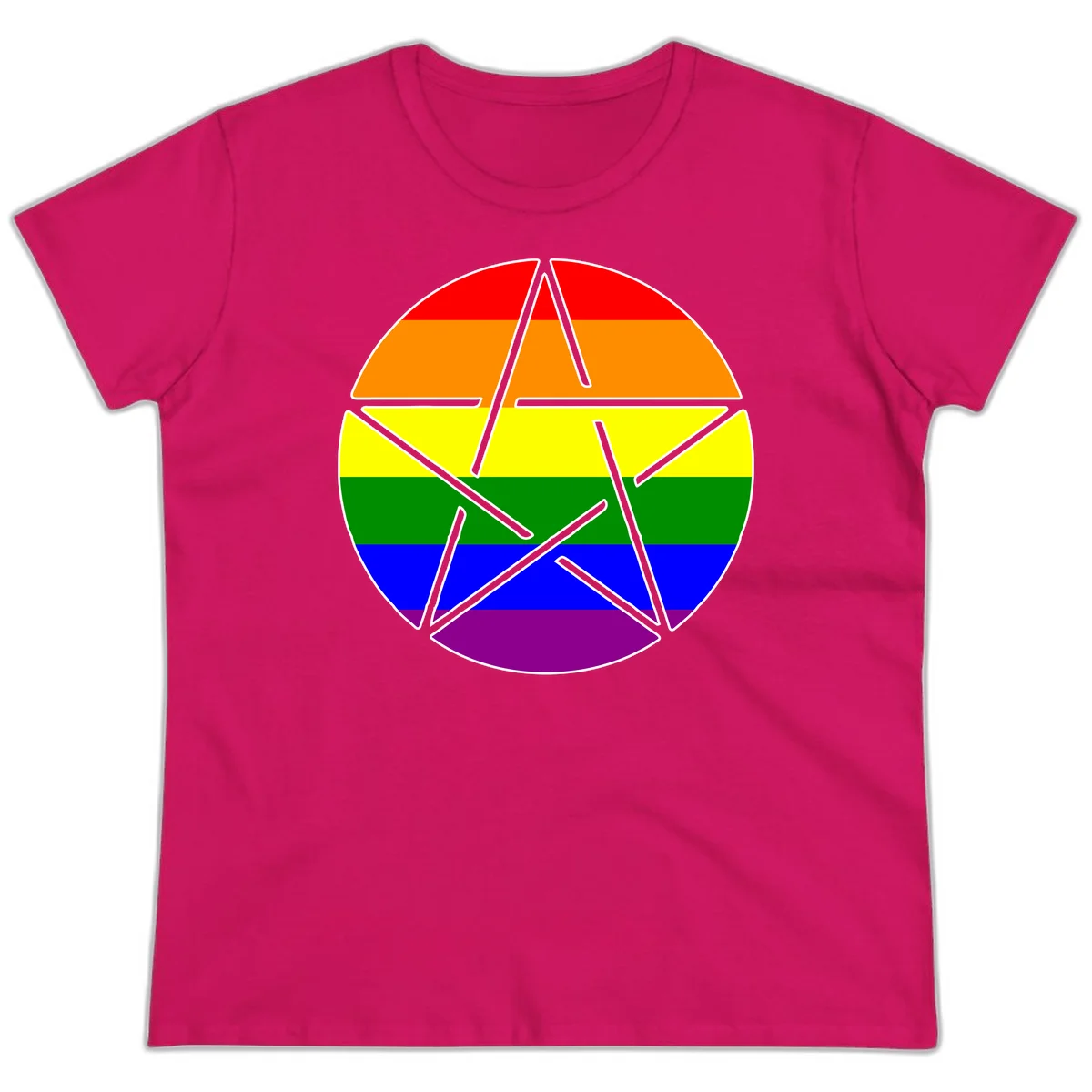 Five-pointed star with gray outline centered in circle with horizontal rainbow pride flag stripes in red, orange, yellow, green, blue, and purple. in Heliconia