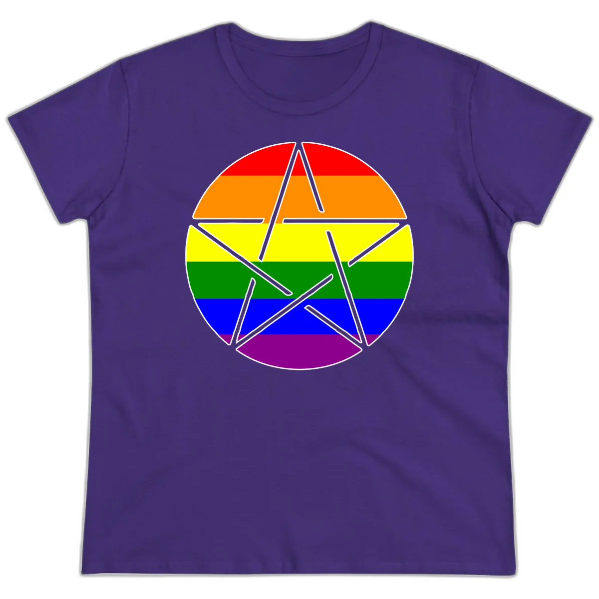 Five-pointed star with gray outline centered in circle with horizontal rainbow pride flag stripes in red, orange, yellow, green, blue, and purple. in Purple