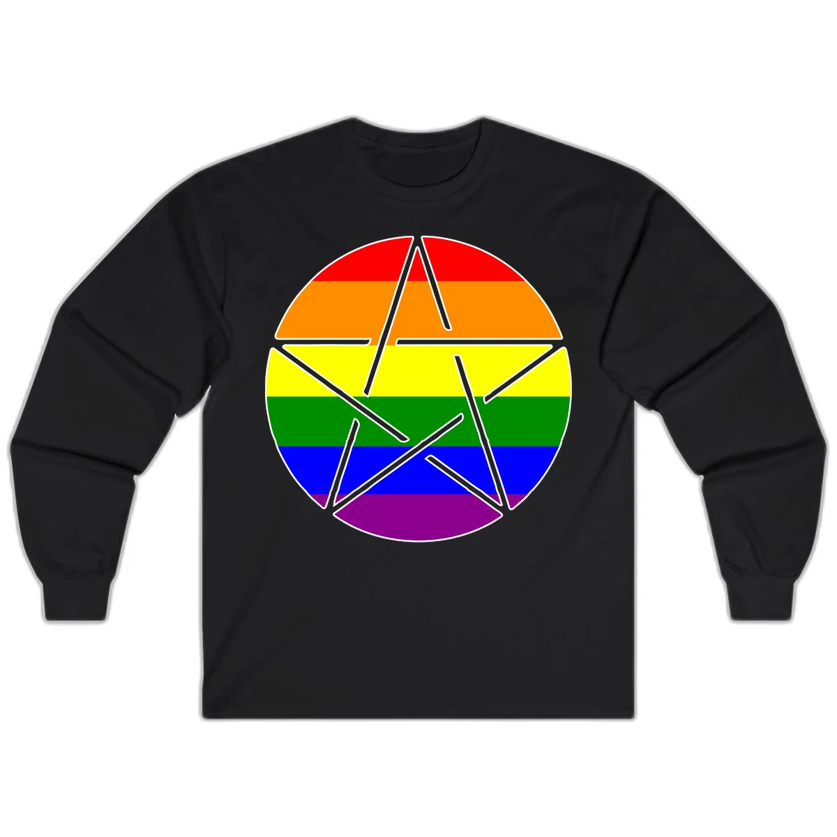 Five-pointed star with gray outline centered in circle with horizontal rainbow pride flag stripes in red, orange, yellow, green, blue, and purple. in Black