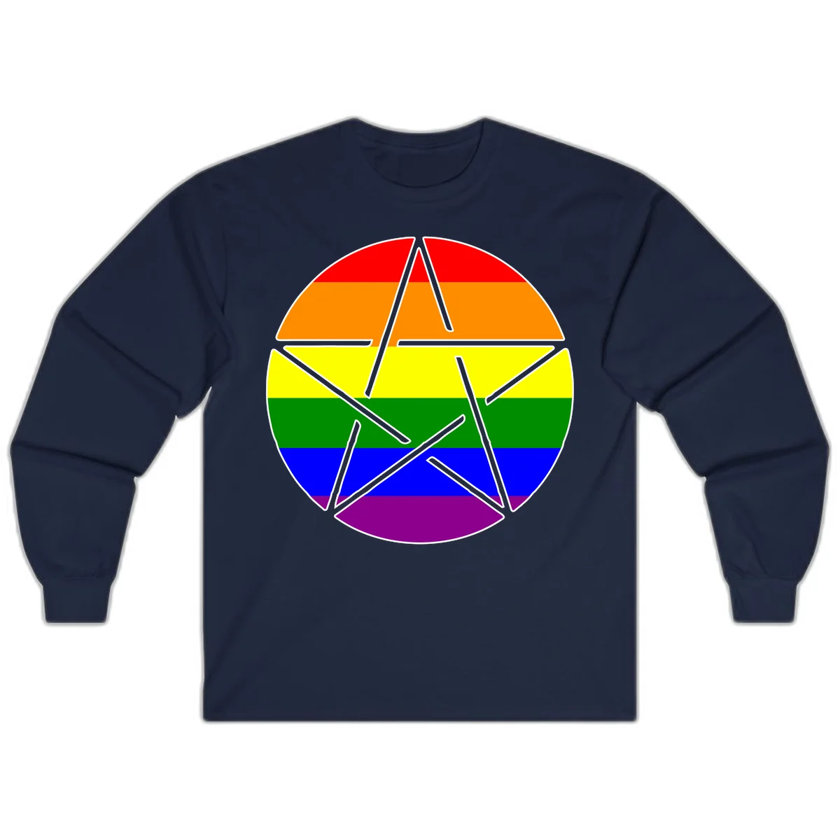 Five-pointed star with gray outline centered in circle with horizontal rainbow pride flag stripes in red, orange, yellow, green, blue, and purple. in Navy