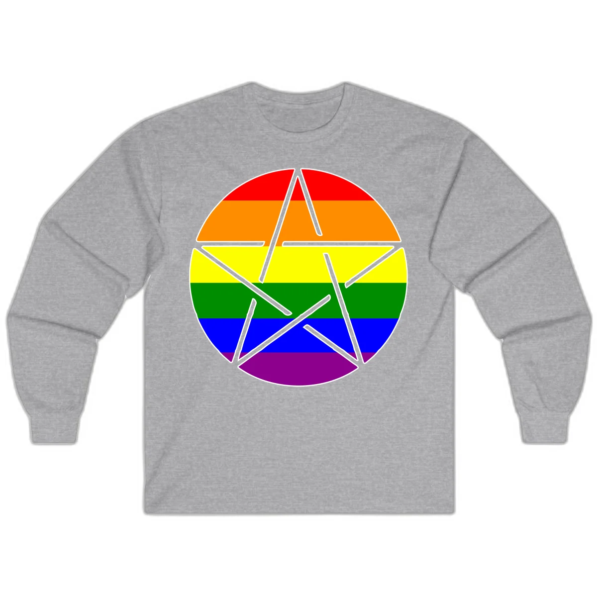 Five-pointed star with gray outline centered in circle with horizontal rainbow pride flag stripes in red, orange, yellow, green, blue, and purple. in Sport Grey