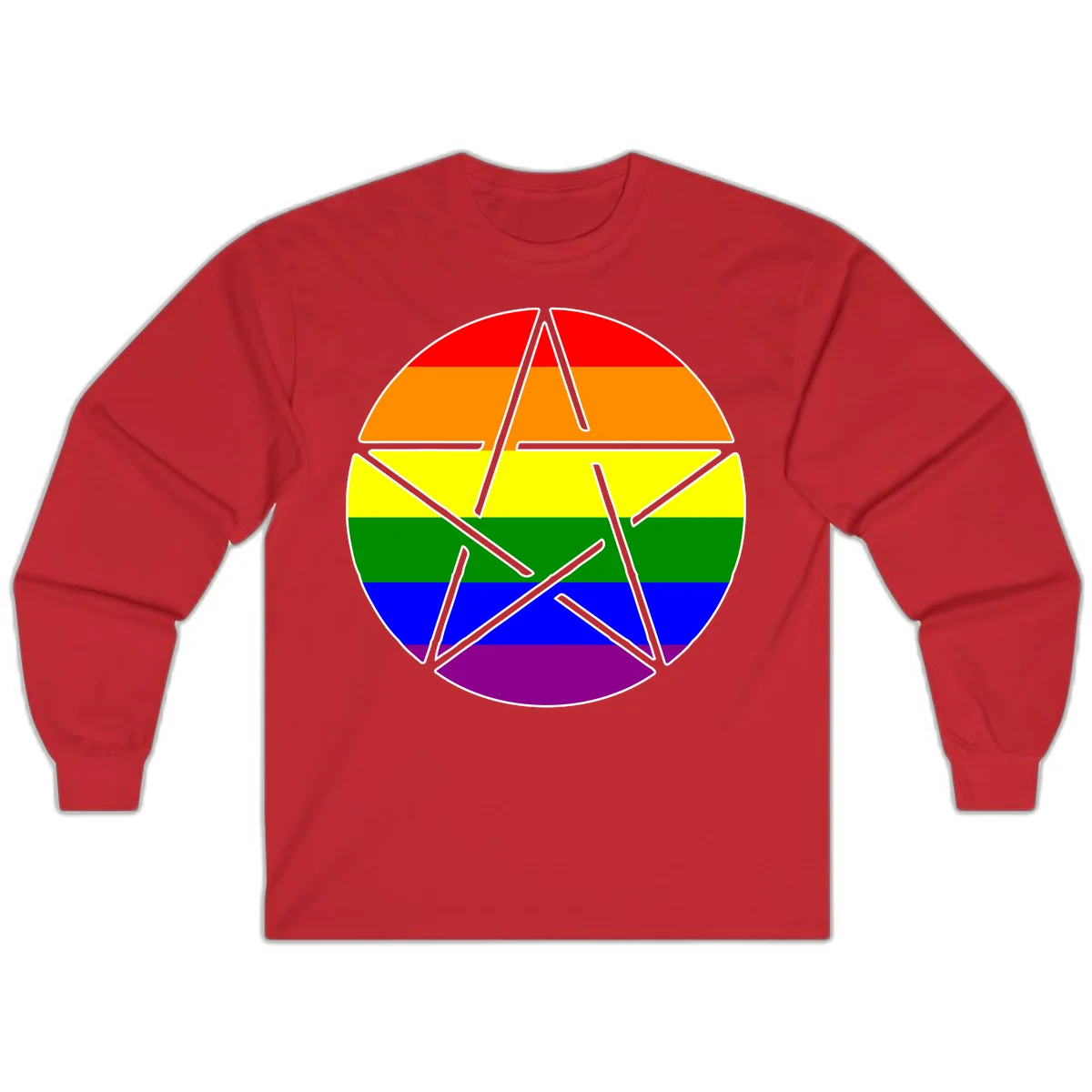 Five-pointed star with gray outline centered in circle with horizontal rainbow pride flag stripes in red, orange, yellow, green, blue, and purple. in Red