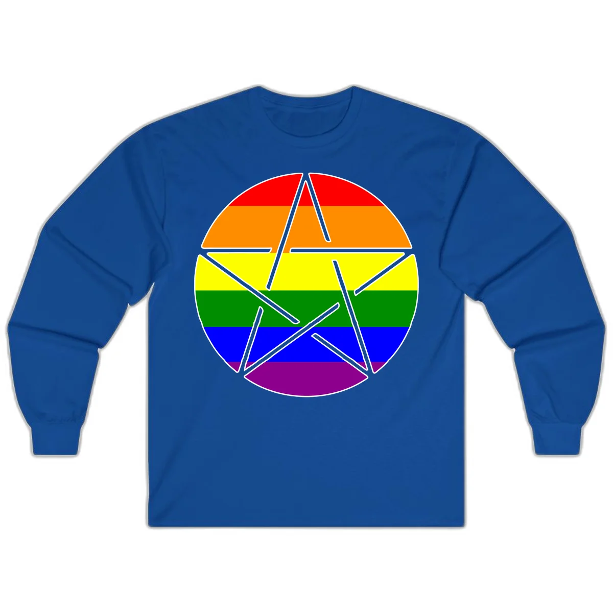 Five-pointed star with gray outline centered in circle with horizontal rainbow pride flag stripes in red, orange, yellow, green, blue, and purple. in Royal