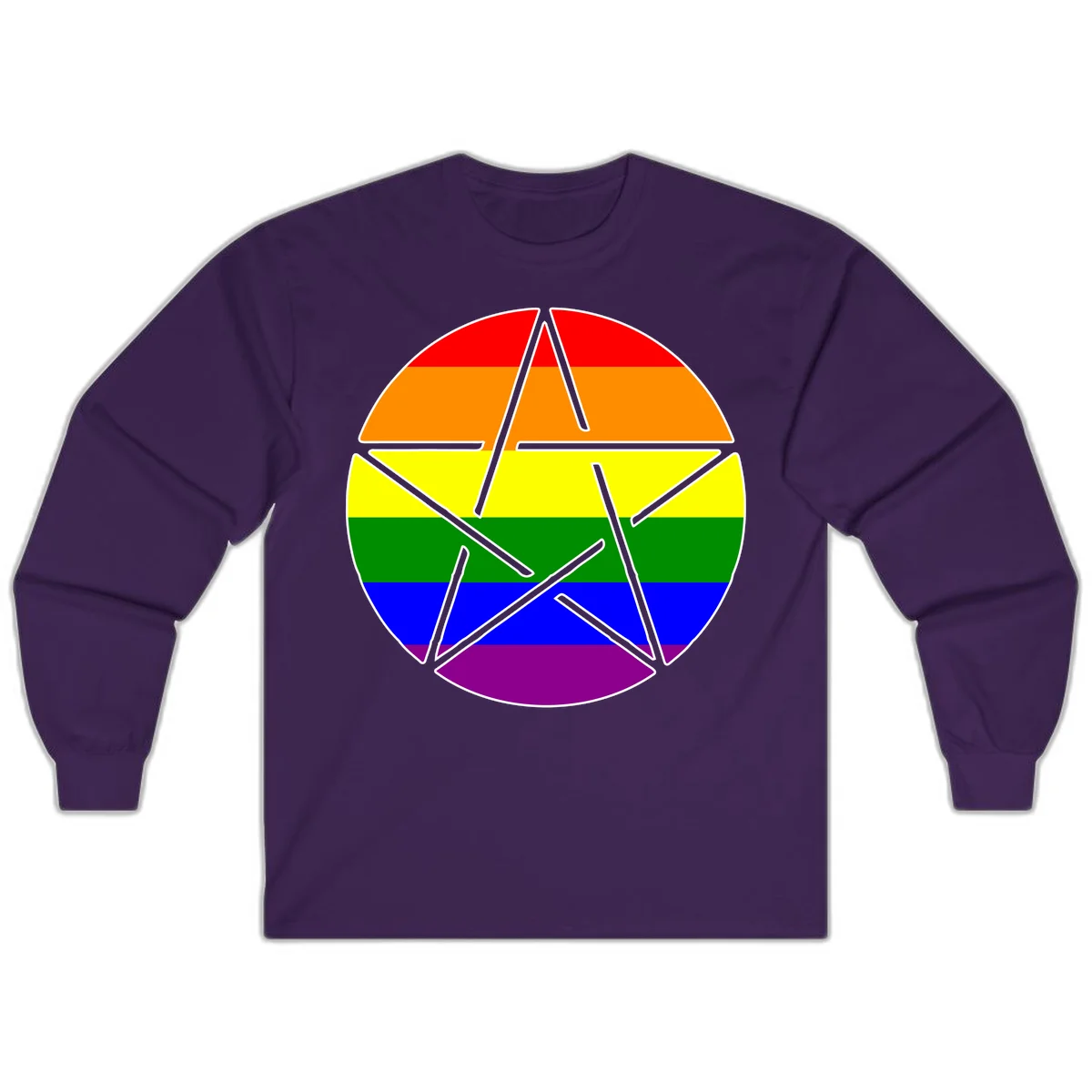 Five-pointed star with gray outline centered in circle with horizontal rainbow pride flag stripes in red, orange, yellow, green, blue, and purple. in Purple