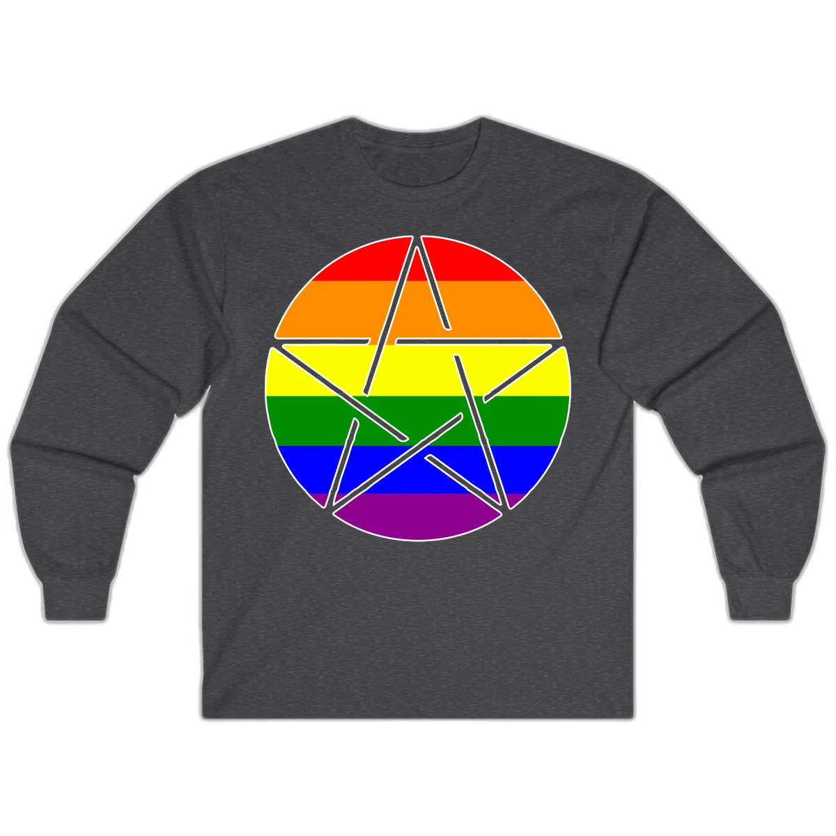 Five-pointed star with gray outline centered in circle with horizontal rainbow pride flag stripes in red, orange, yellow, green, blue, and purple. in Dark Heather