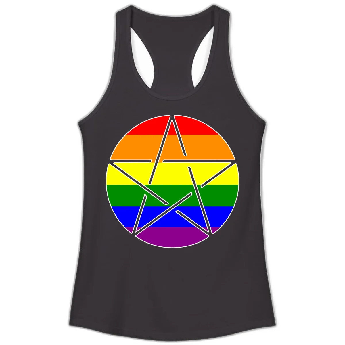 Five-pointed star with gray outline centered in circle with horizontal rainbow pride flag stripes in red, orange, yellow, green, blue, and purple. in Black