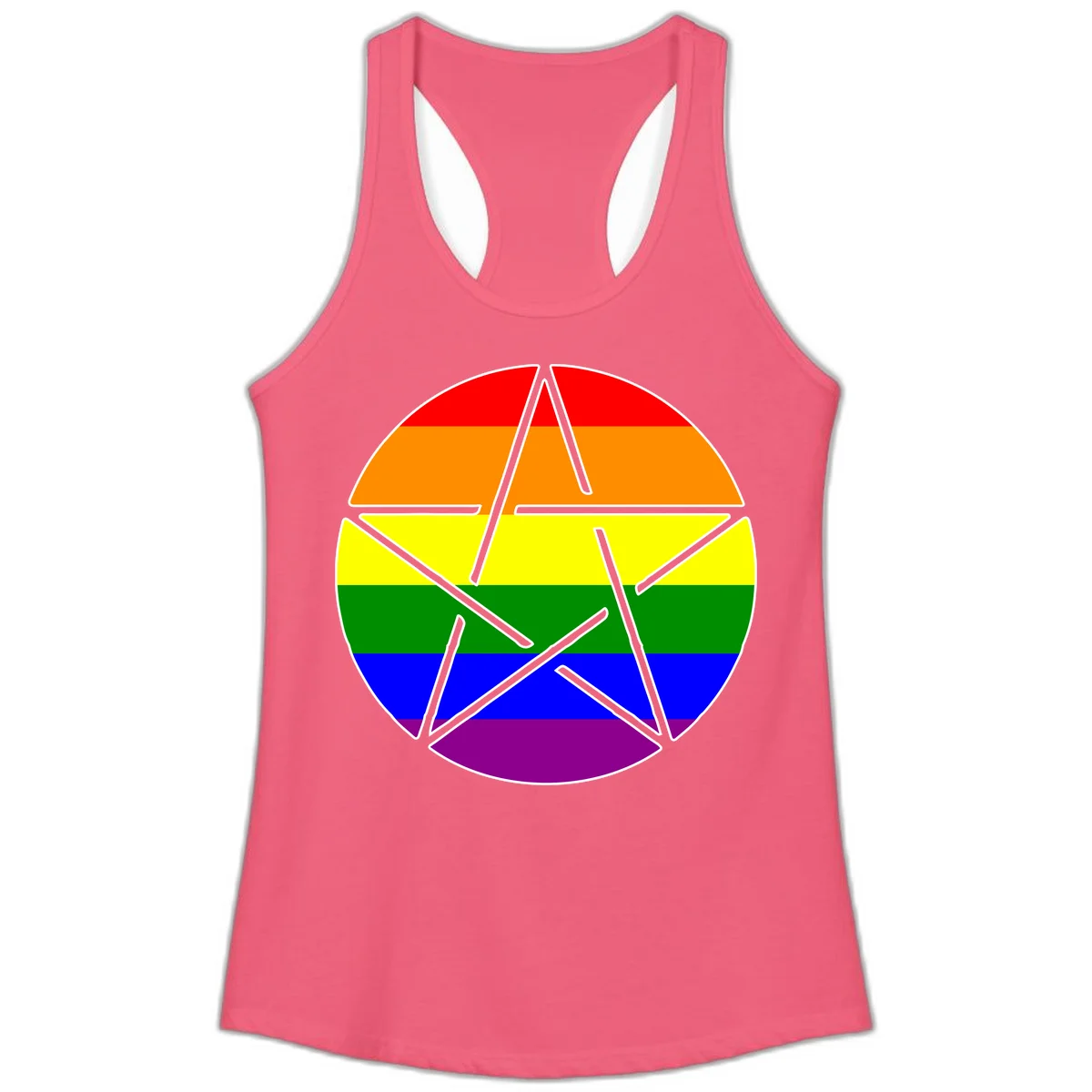 Five-pointed star with gray outline centered in circle with horizontal rainbow pride flag stripes in red, orange, yellow, green, blue, and purple. in Hot Pink